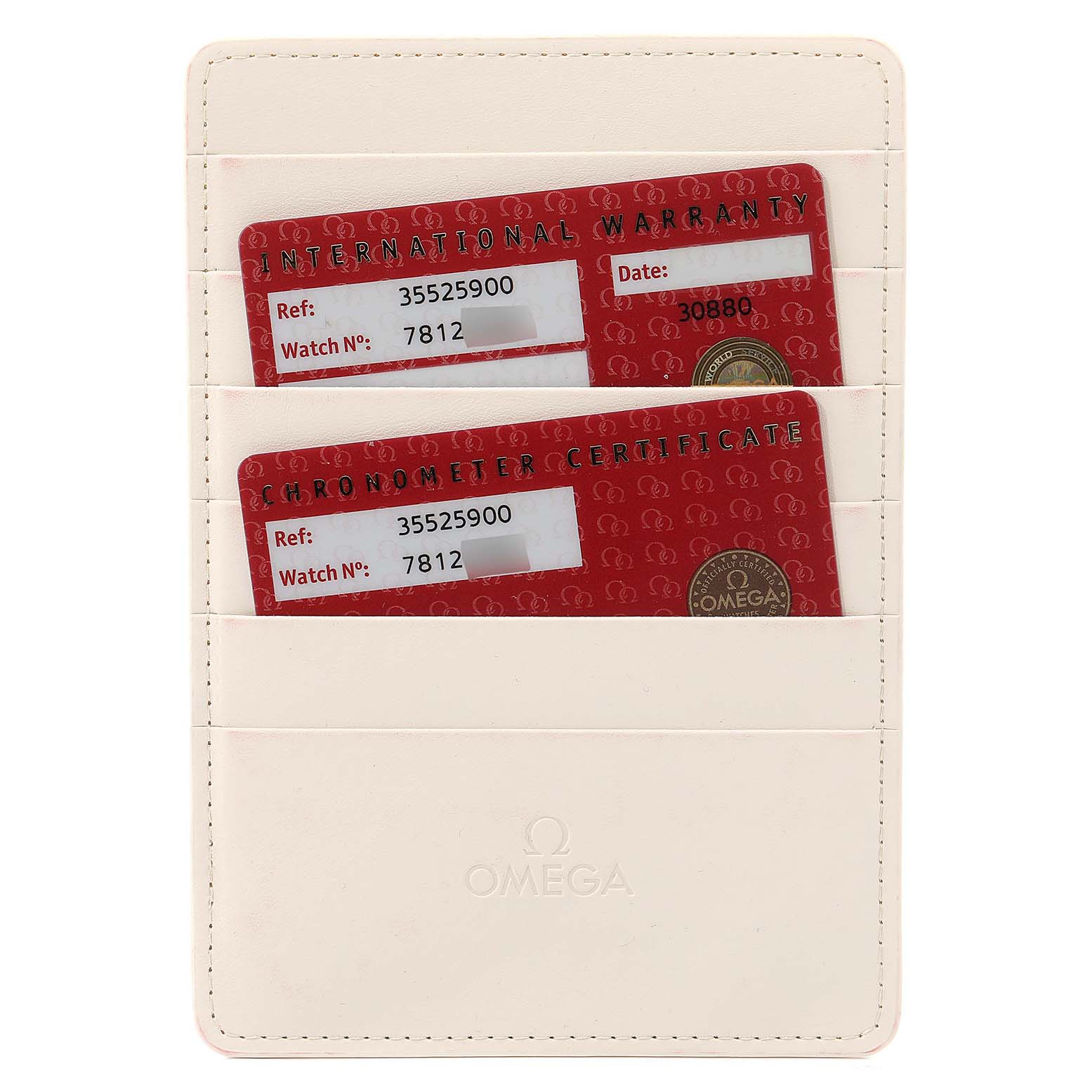 The image shows an Omega Speedmaster 3552.59.00 Men
s Stainless Steel Black Dial 3552.59.00 Men
s Stainless Steel Black Dial watch
s Best Quality
ity cards in a cream-colored Omega card holder.