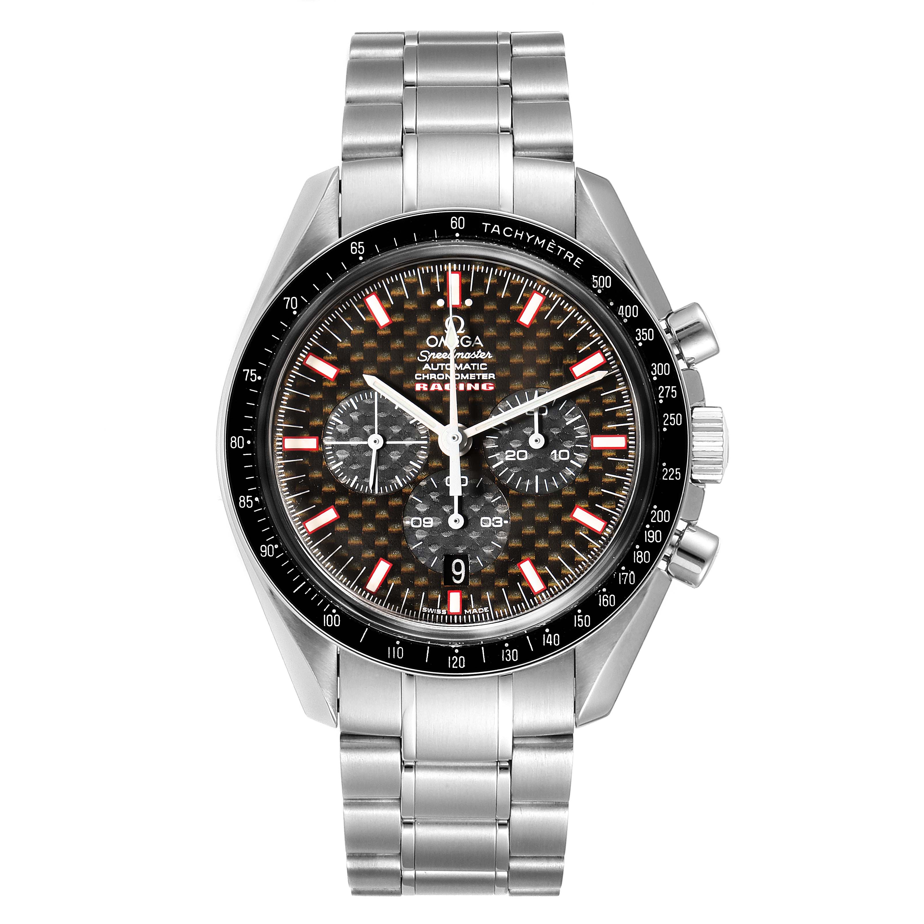 The image shows a frontal view of the Omega Speedmaster 3552.59.00 Men
s Stainless Steel Black Dial 3552.59.00 Men
s Stainless Steel Black Dial watch, displaying the dial, bezel, and metal bracelet.