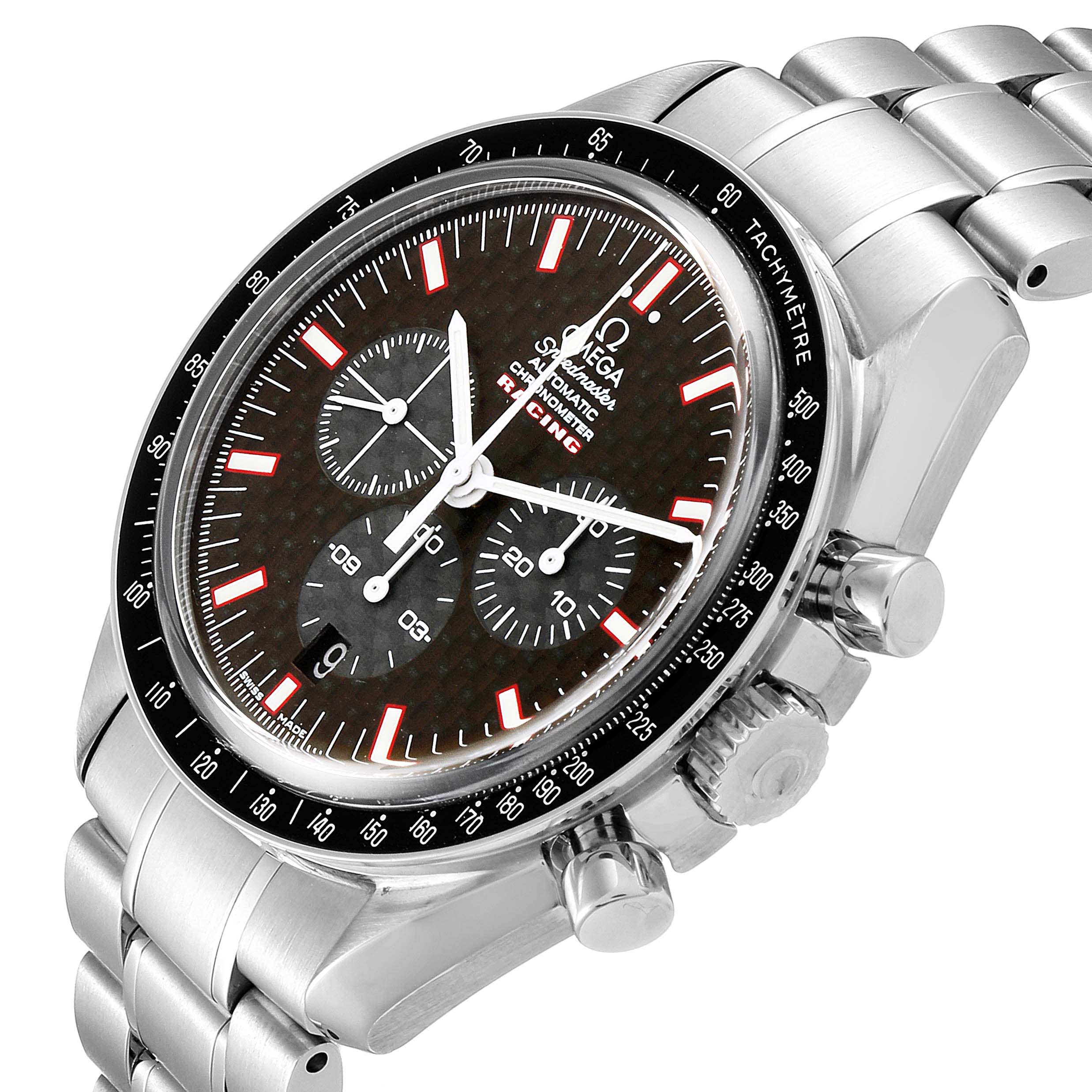 The image shows a tilted side view of an Omega Speedmaster 3552.59.00 Men
s Stainless Steel Black Dial 3552.59.00 Men
s Stainless Steel Black Dial watch, highlighting its dial, bezel, crown, and pushers.