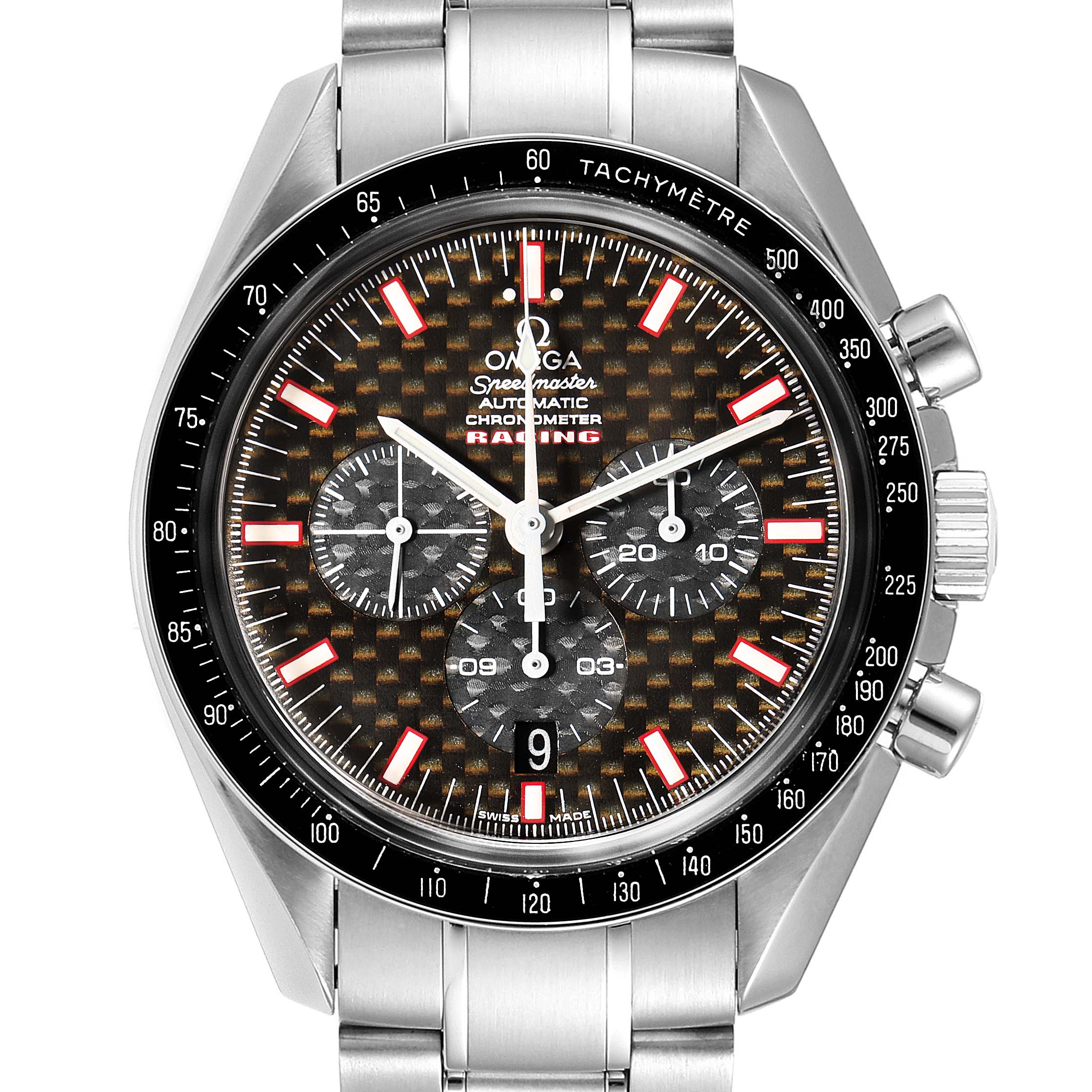 This is a front view of the Omega Speedmaster 3552.59.00 Men
s Stainless Steel Black Dial 3552.59.00 Men
s Stainless Steel Black Dial, showcasing the dial, subdials, tachymètre bezel, and part of the stainless steel bracelet.