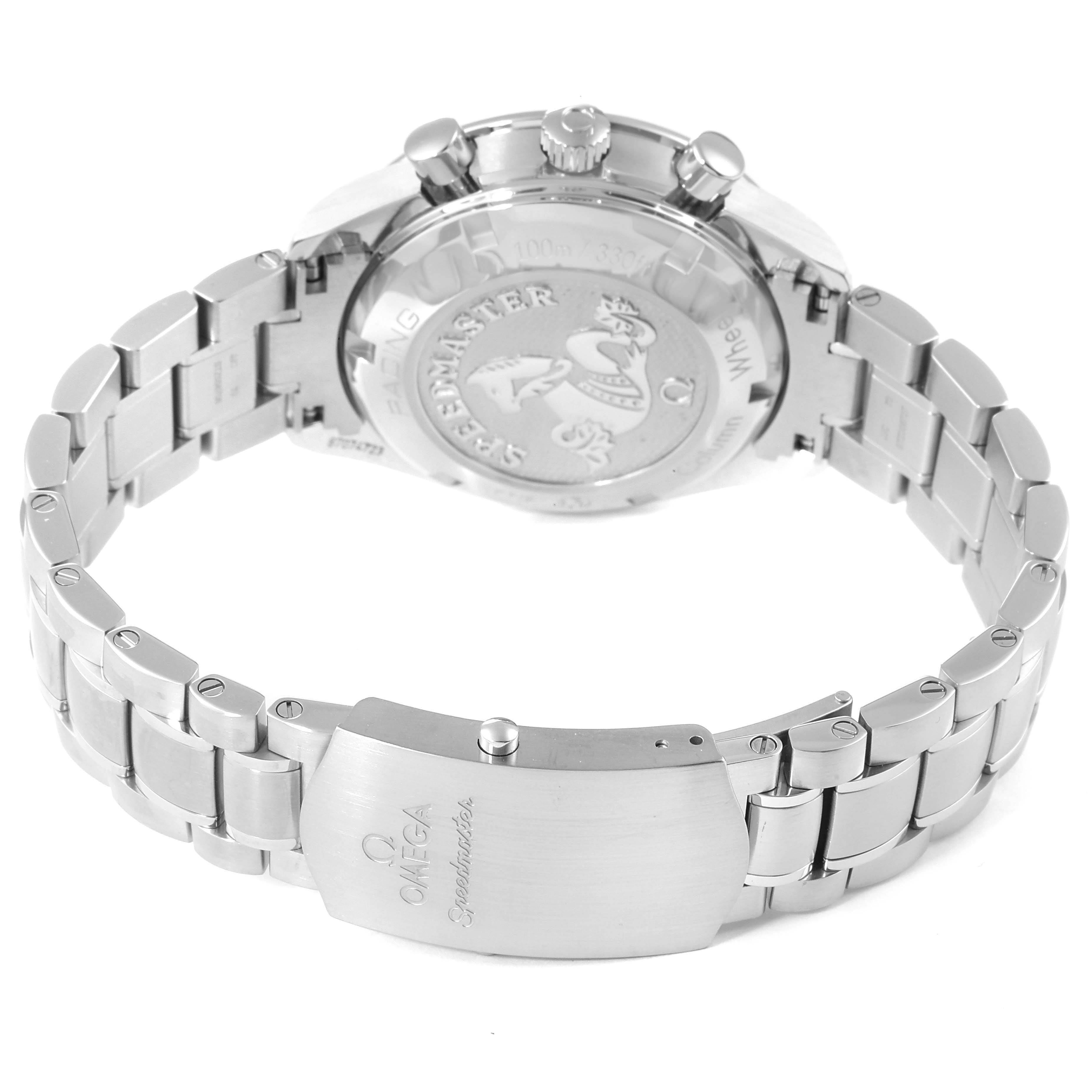 The image shows the back case and bracelet of an Omega Speedmaster 326.30.40.50.02.001 Men
s Stainless Steel Silver Dial 326.30.40.50.02.001 Men
s Stainless Steel Silver Dial watch at an angled view.