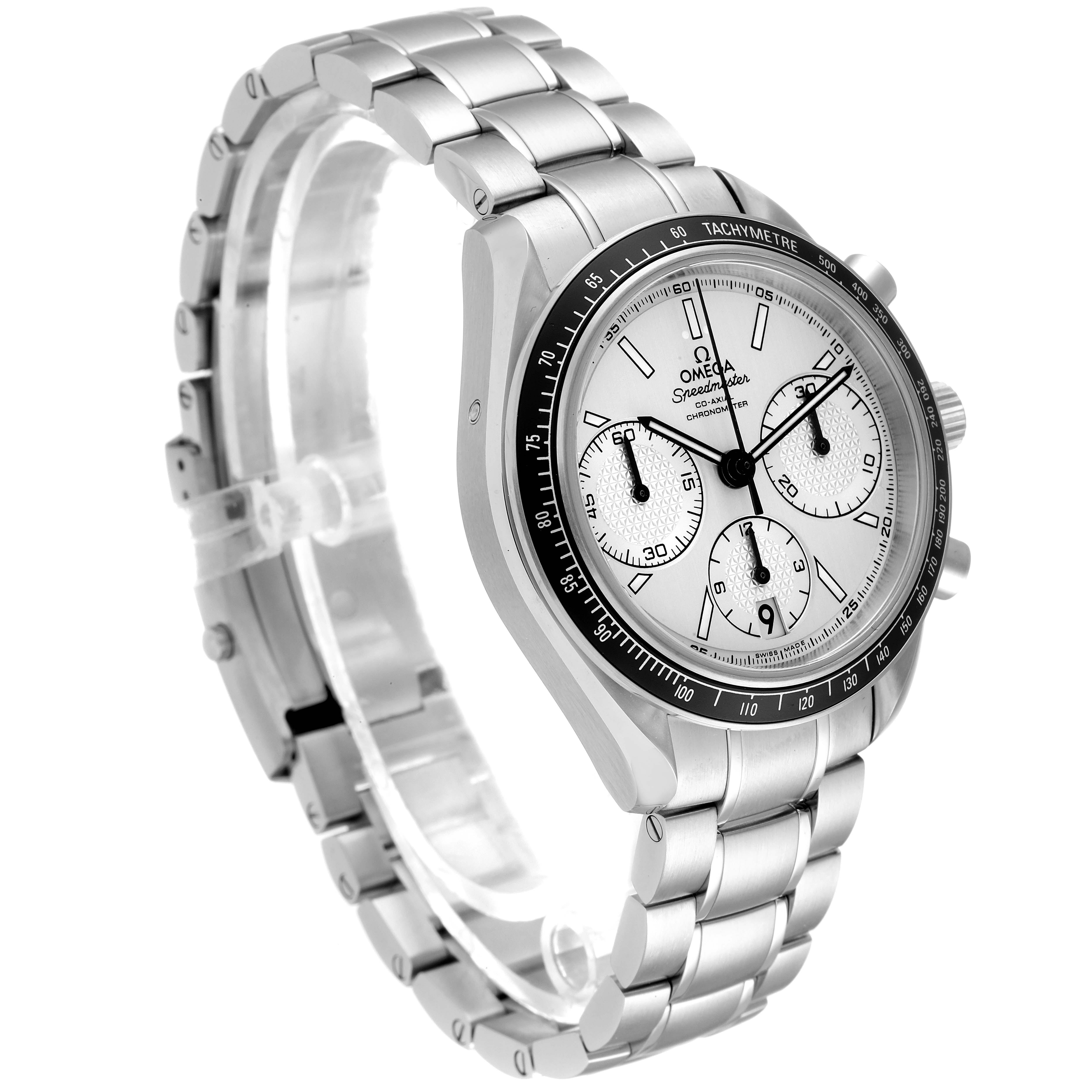 The image shows the Omega Speedmaster 326.30.40.50.02.001 Men
s Stainless Steel Silver Dial 326.30.40.50.02.001 Men
s Stainless Steel Silver Dial watch at a side angle, highlighting its stainless steel bracelet and chronograph dial.