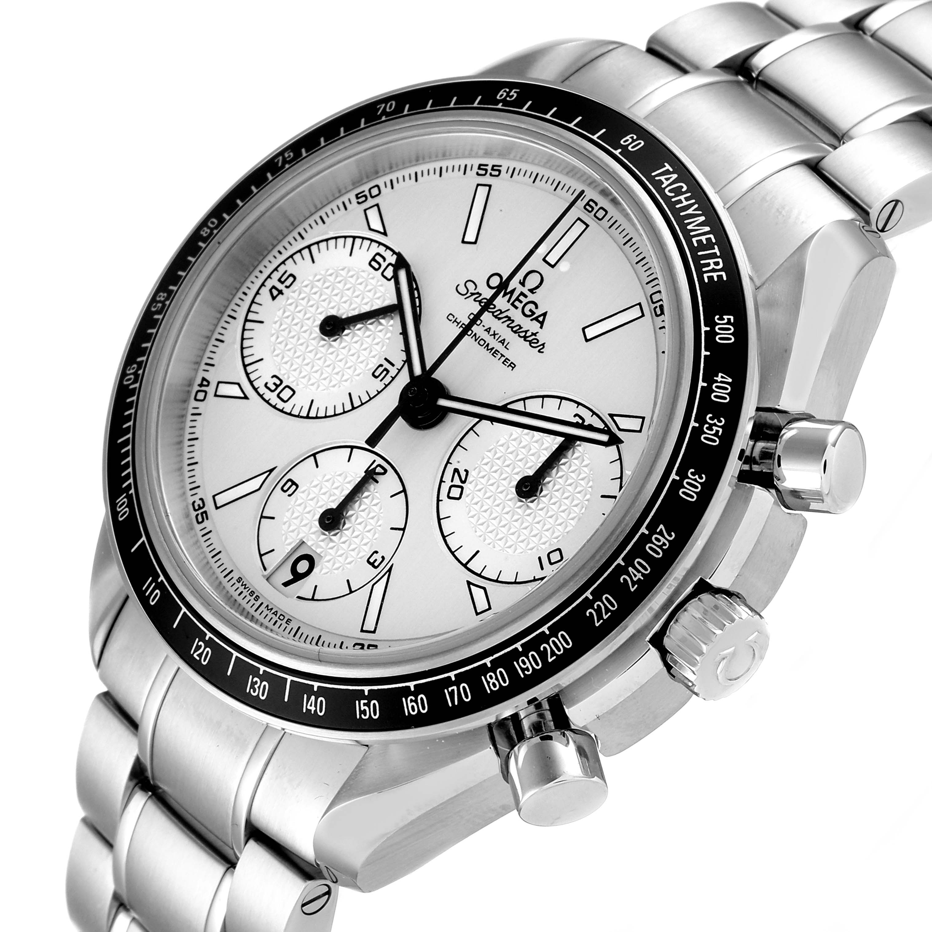 The image shows an Omega Speedmaster 326.30.40.50.02.001 Men
s Stainless Steel Silver Dial 326.30.40.50.02.001 Men
s Stainless Steel Silver Dial watch at an angled view, highlighting the face, bezel, chronograph dials, and bracelet.