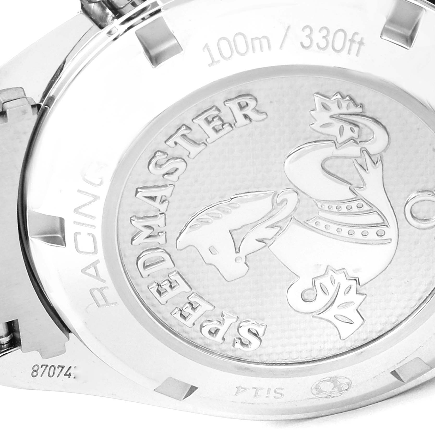 The image shows the back case of an Omega Speedmaster 326.30.40.50.02.001 Men
s Stainless Steel Silver Dial 326.30.40.50.02.001 Men
s Stainless Steel Silver Dial watch, including engravings and the brand
s seahorse logo.