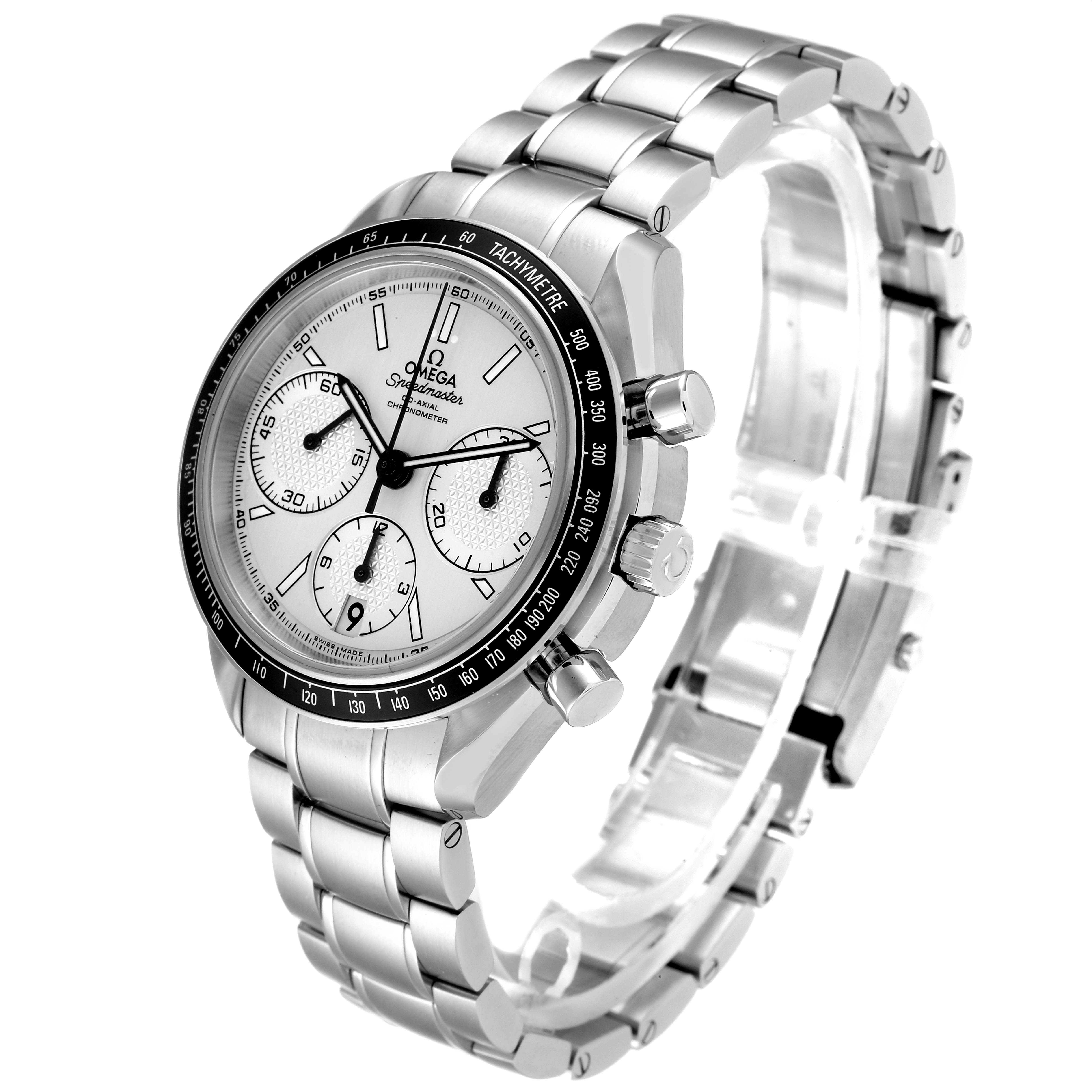 This Omega Speedmaster 326.30.40.50.02.001 Men
s Stainless Steel Silver Dial 326.30.40.50.02.001 Men
s Stainless Steel Silver Dial watch is shown at a three-quarter angle showcasing the face, bezel, crown, pushers, and bracelet.