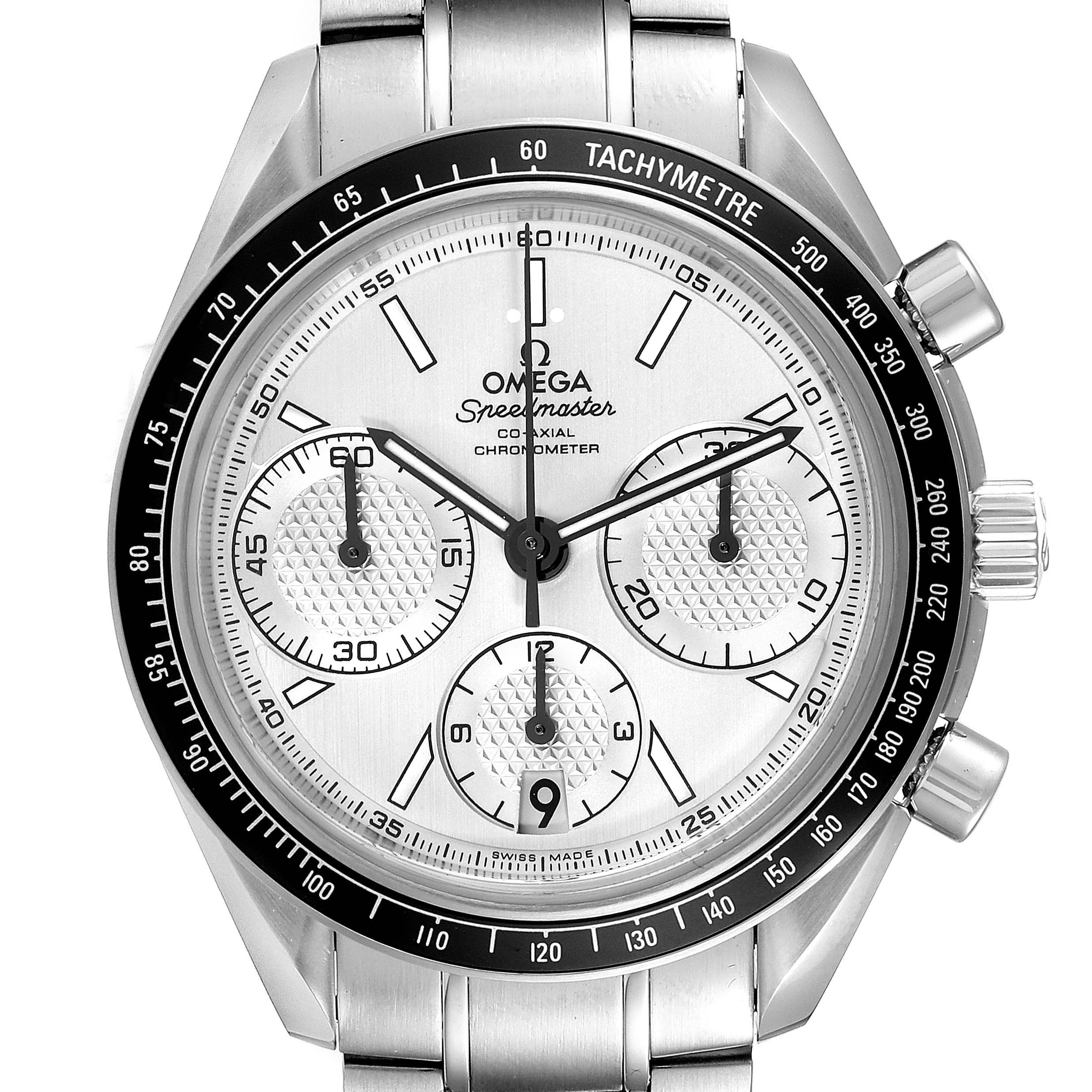 The Omega Speedmaster 326.30.40.50.02.001 Men
s Stainless Steel Silver Dial 326.30.40.50.02.001 Men
s Stainless Steel Silver Dial watch is shown from a front angle, displaying the dial, bezel, and chronograph sub-dials.