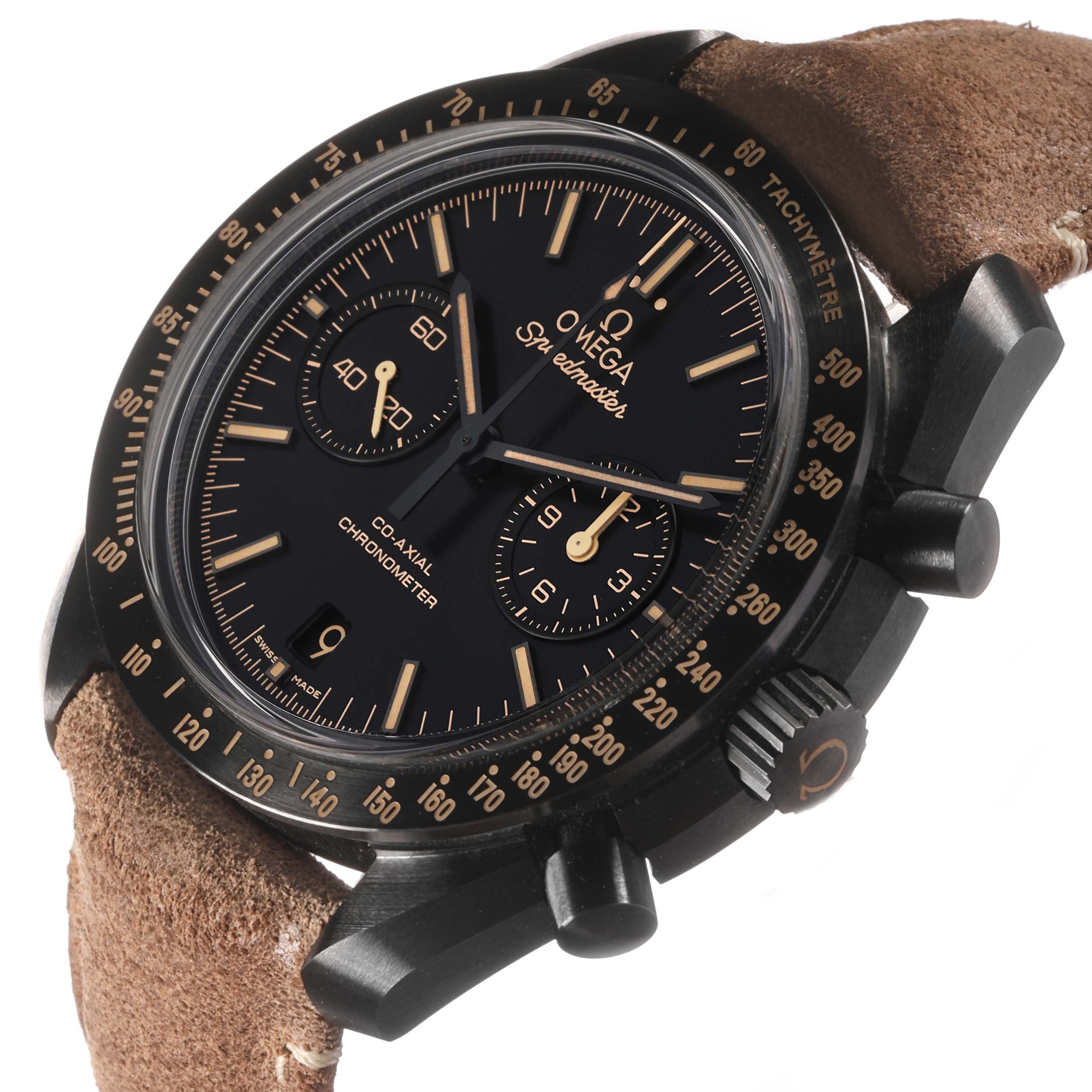 The Omega Speedmaster 311.92.44.51.01.006 Men's Ceramic Black Dial watch is shown at a slight angle, displaying the face, chronograph dials, and brown leather strap.
