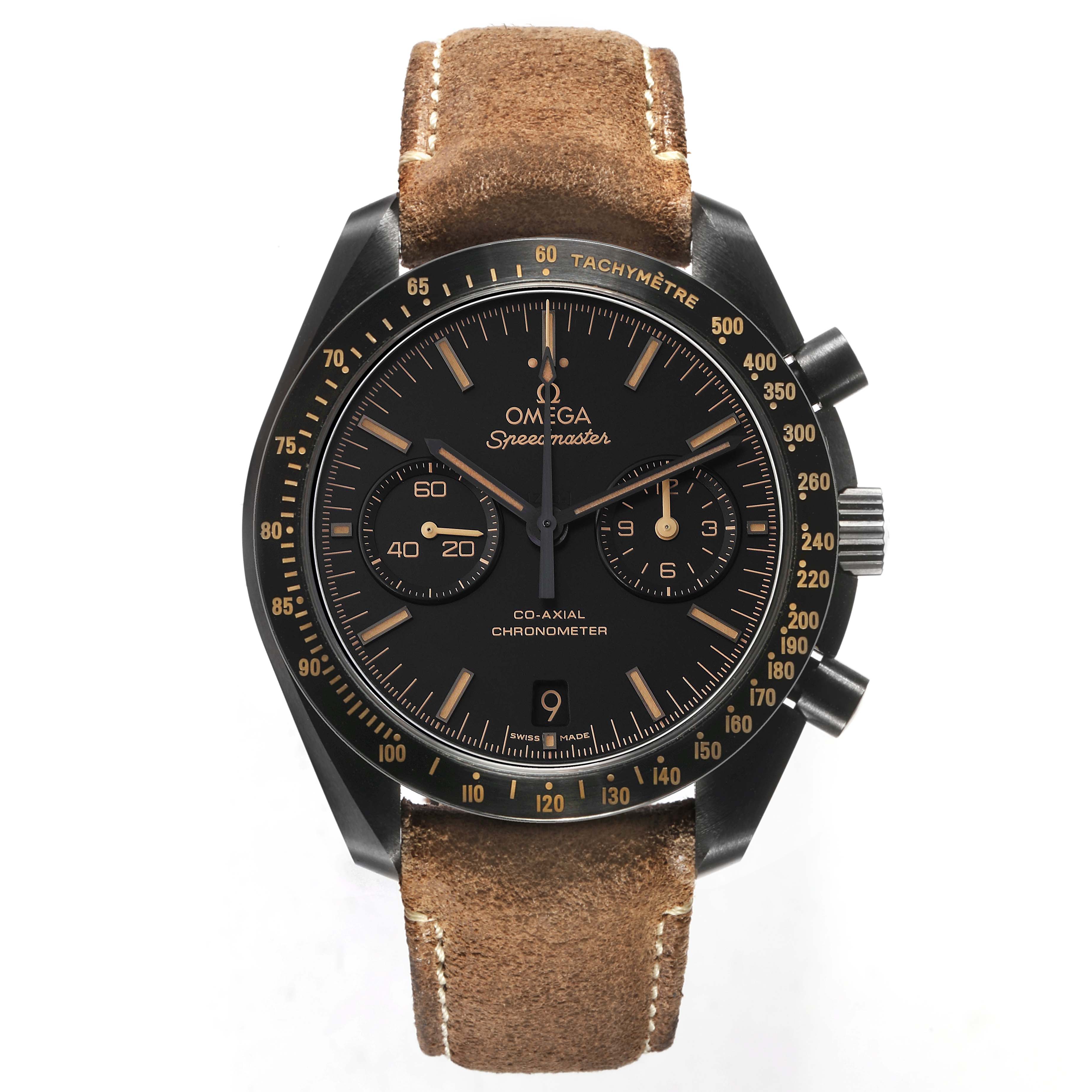 The Omega Speedmaster 311.92.44.51.01.006 Men's Ceramic Black Dial watch is shown from the front, displaying its face, tachymeter bezel, and brown leather strap.