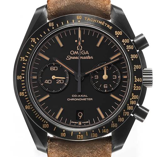 The Omega Speedmaster 311.92.44.51.01.006 Men's Ceramic Black Dial watch is shown from the front, displaying the dial, subdials, and tachymeter bezel.