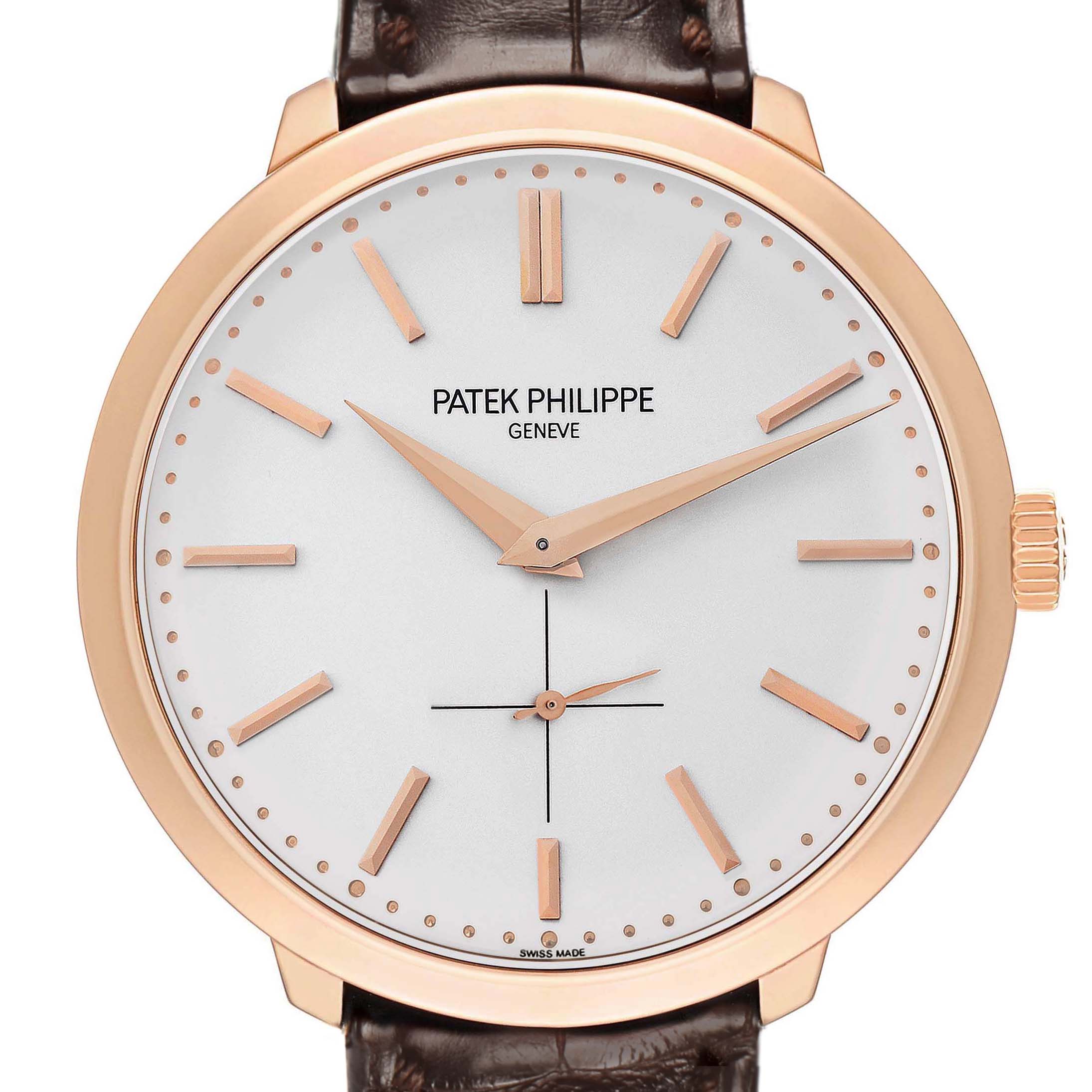 The image shows a frontal view of the Patek Philippe Calatrava 5123R Men's Rose Gold Silver Dial watch, highlighting the dial, hands, markers, and crown.