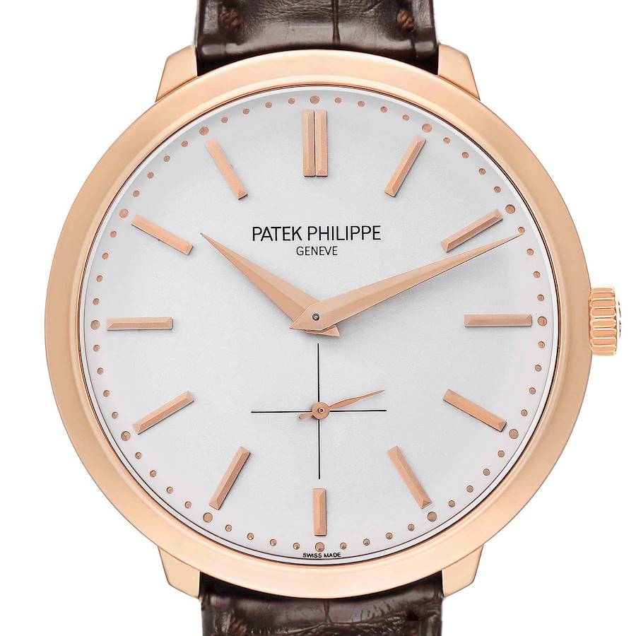 The image shows a frontal view of the Patek Philippe Calatrava 5123R Men's Rose Gold Silver Dial watch, highlighting the dial, hands, markers, and crown.