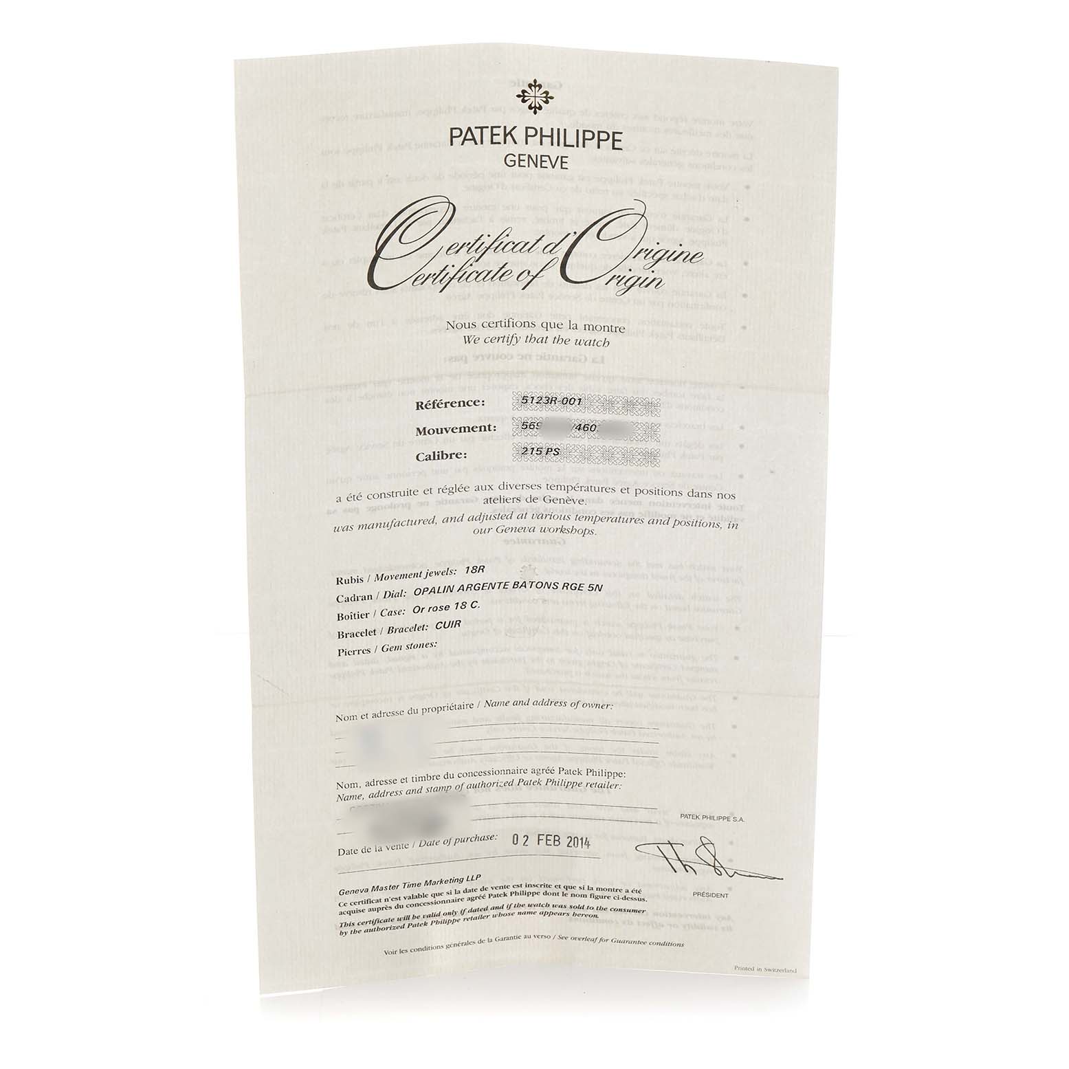 This image shows the "Certificate of Origin" for the Patek Philippe Calatrava 5123R Men's Rose Gold Silver Dial watch, displayed upright.