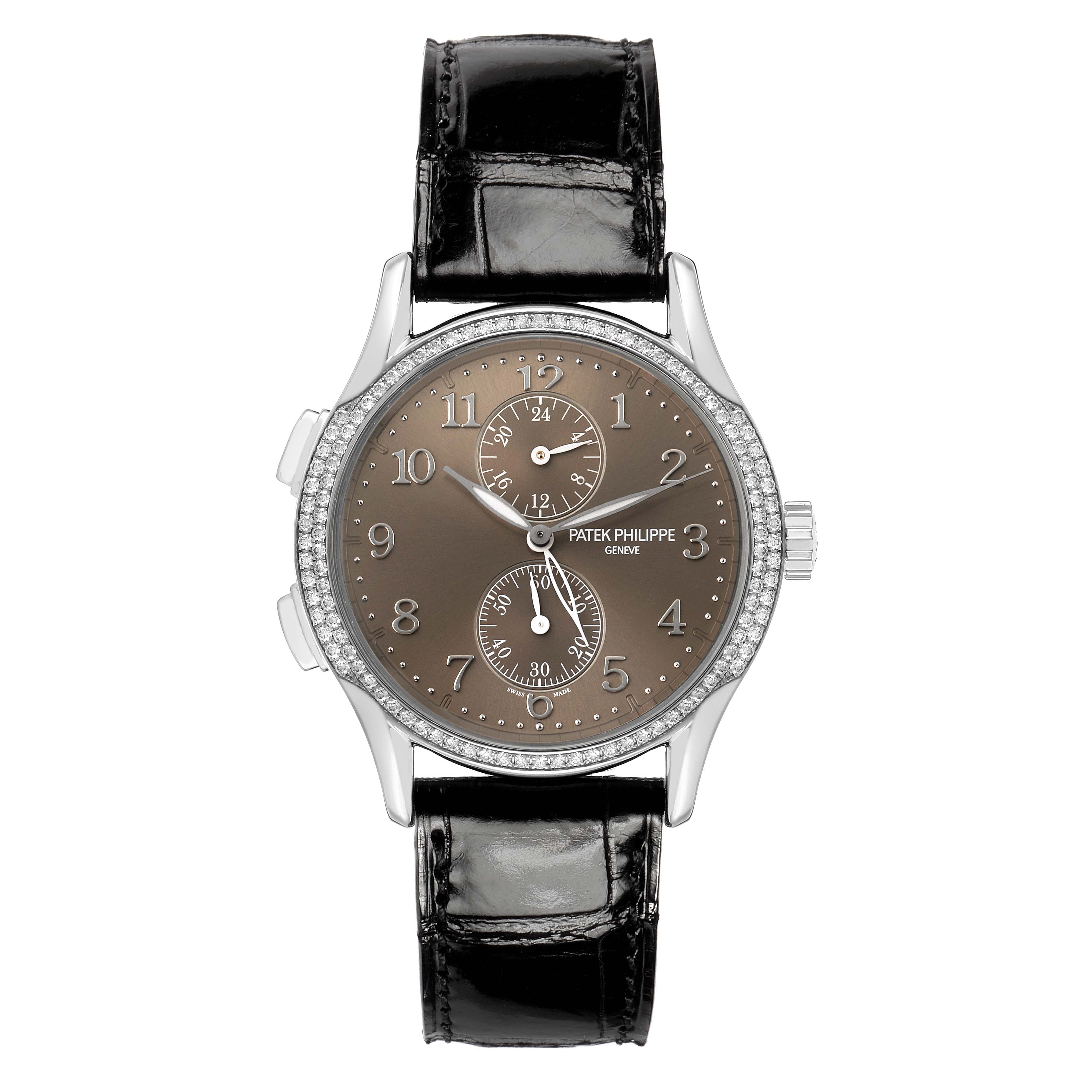 The image shows a front view of a Patek Philippe Calatrava 7134G Men's White Gold Brown Dial watch with a brown dial, diamond bezel, and black leather strap.