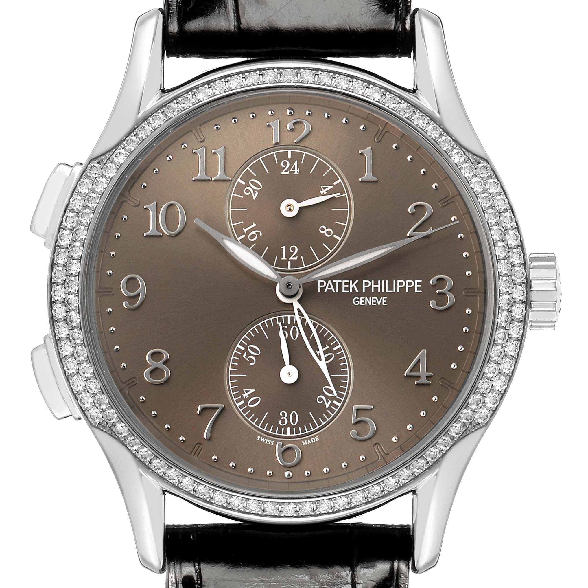 The Patek Philippe Calatrava 7134G Men's White Gold Brown Dial watch is shown from a front angle, highlighting its dial, subdials, diamond bezel, and crown.