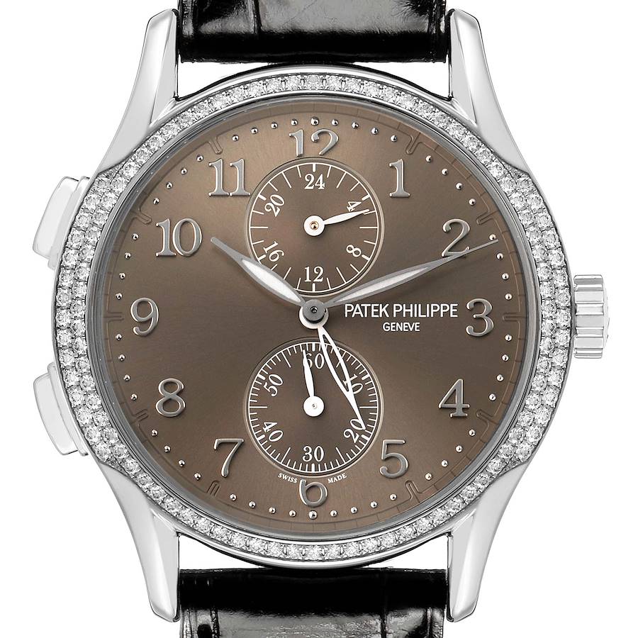 The Patek Philippe Calatrava 7134G Men's White Gold Brown Dial watch is shown from a front angle, highlighting its dial, subdials, diamond bezel, and crown.