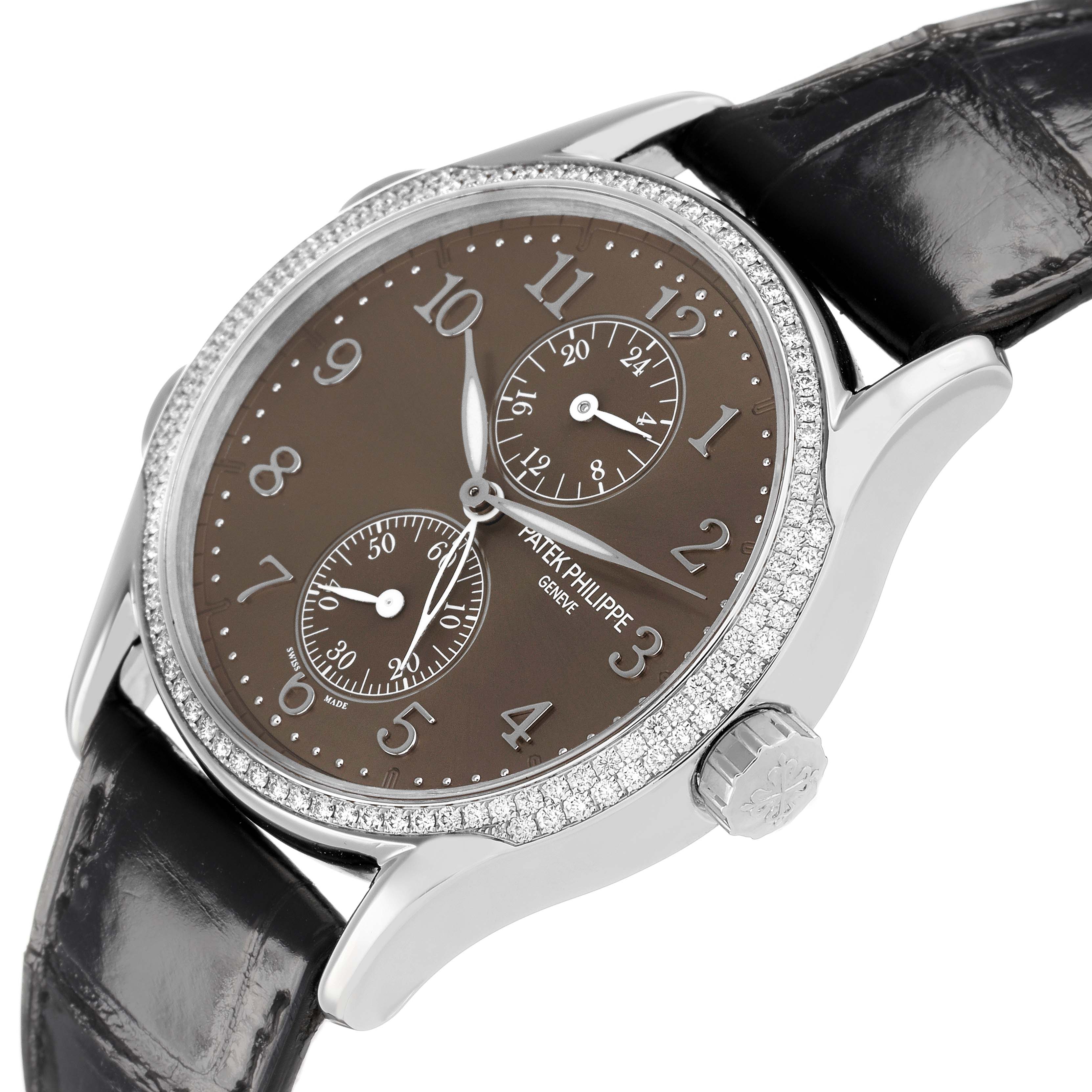 The Patek Philippe Calatrava 7134G Men's White Gold Brown Dial watch is shown at a slight angle, highlighting the dial, bezel, crown, and strap.