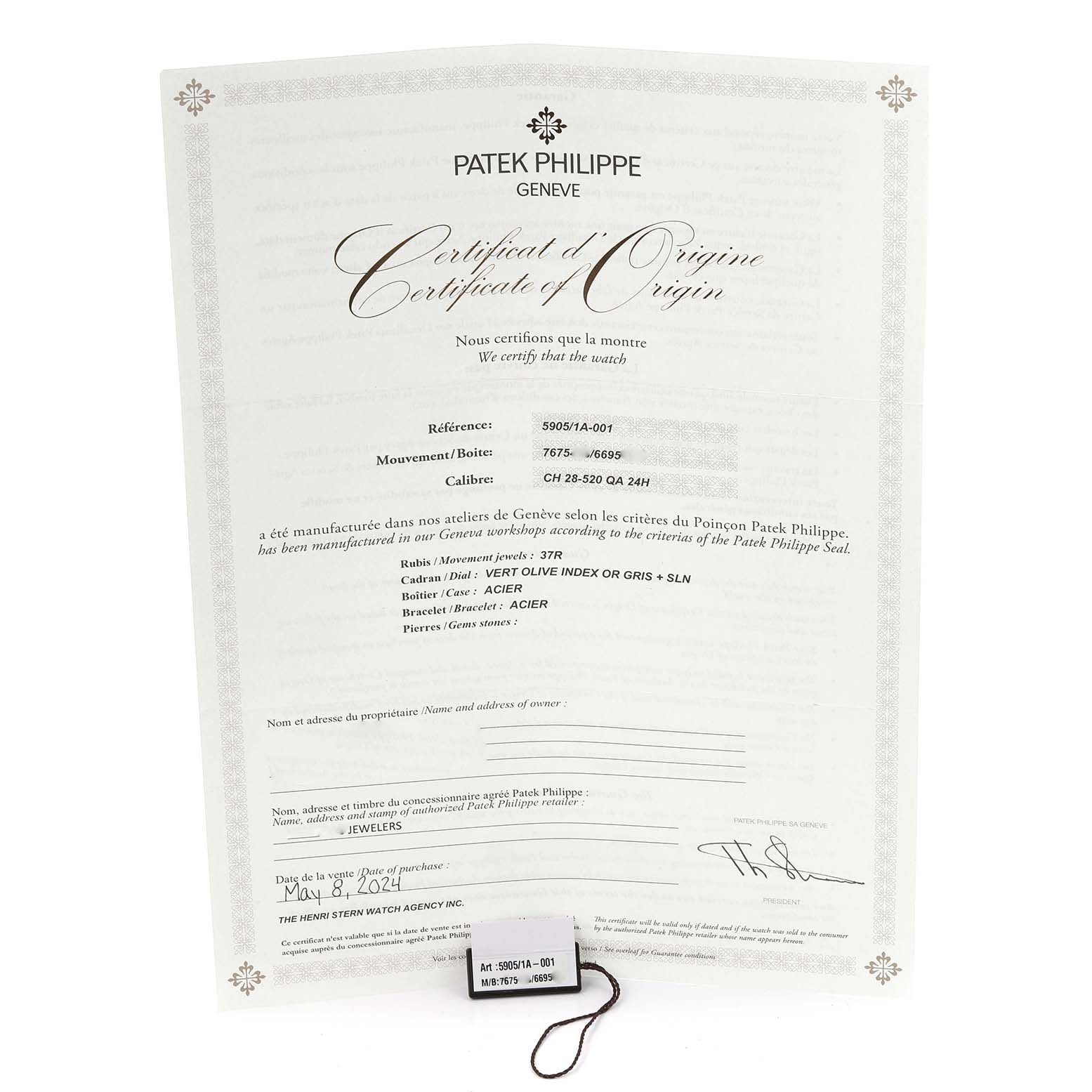 The image shows a certificate of origin for a Patek Philippe Complications 5905/1A-001 Men's Stainless Steel Green Dial 5905/1A-001 Men's Stainless Steel Green Dial model, displayed flat with a tag below it.