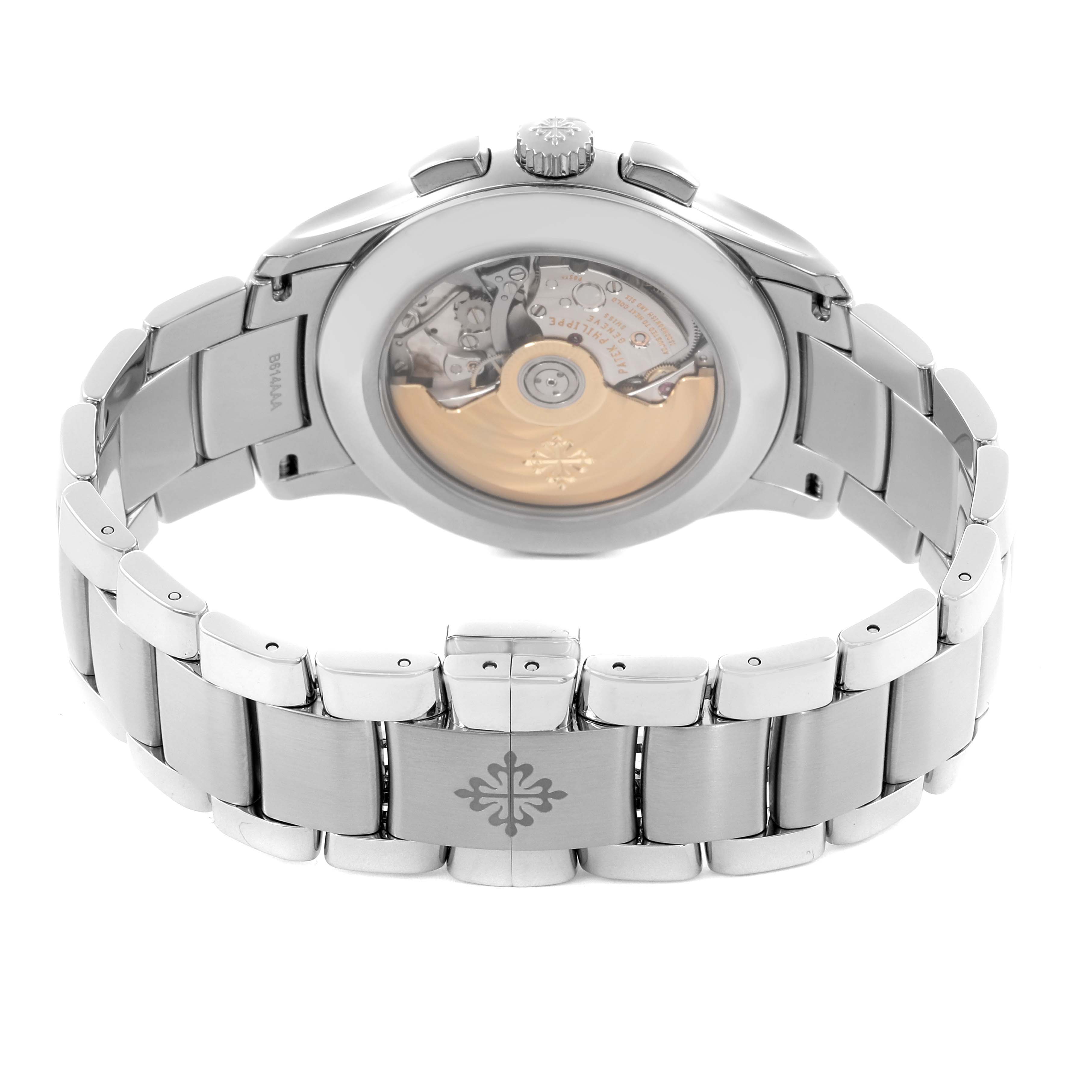 The image shows the back of a Patek Philippe Complications 5905/1A-001 Men's Stainless Steel Green Dial 5905/1A-001 Men's Stainless Steel Green Dial model, displaying its movement and bracelet clasp.