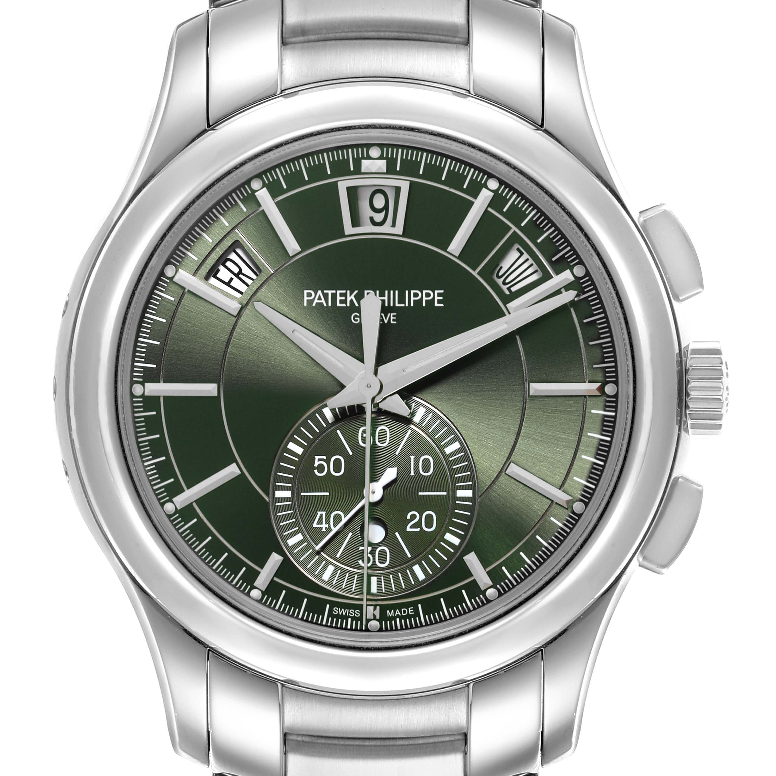 The Patek Philippe Complications 5905/1A-001 Men's Stainless Steel Green Dial 5905/1A-001 Men's Stainless Steel Green Dial watch is shown from the front, displaying the dial, hands, and part of the stainless steel bracelet.
