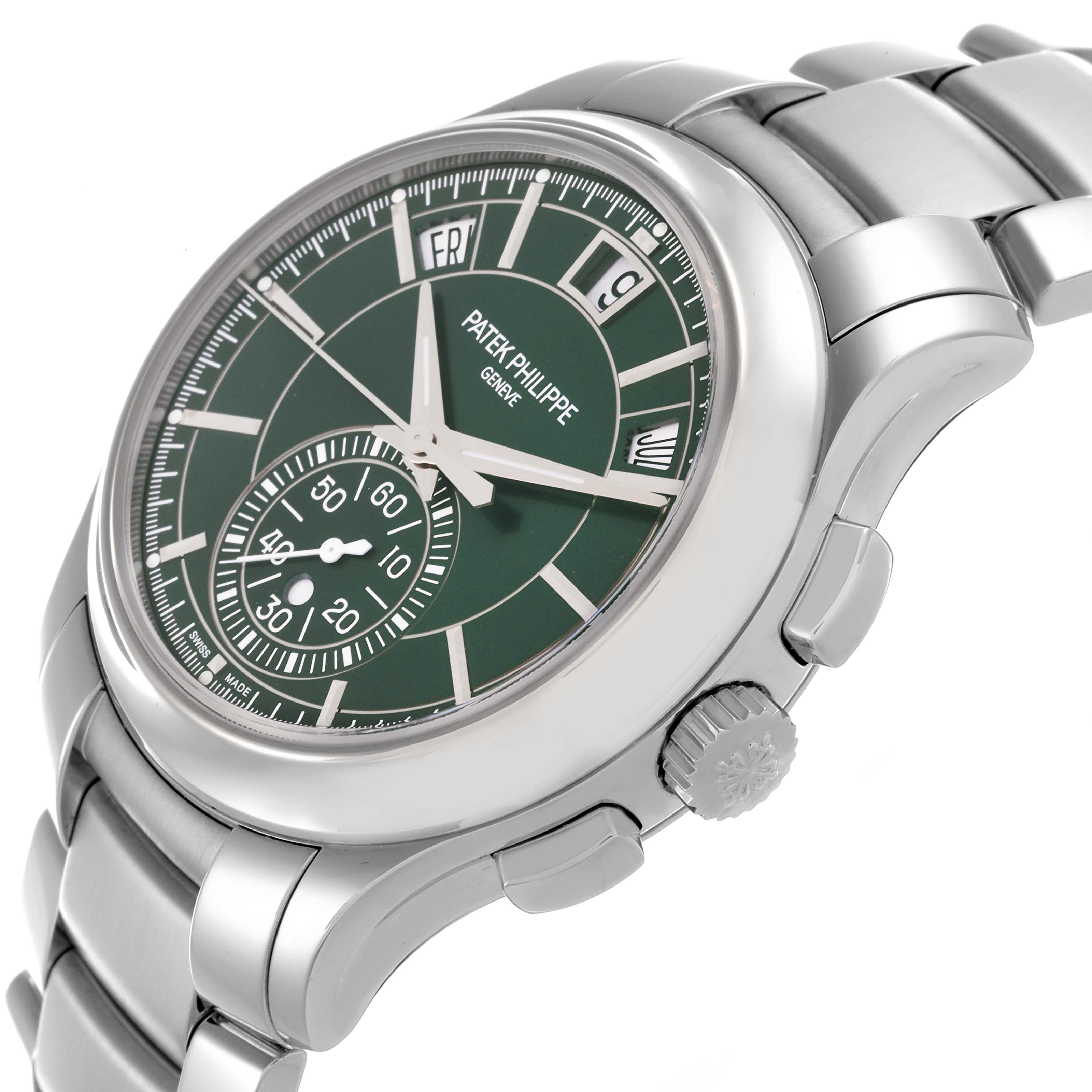 The Patek Philippe Complications 5905/1A-001 Men's Stainless Steel Green Dial 5905/1A-001 Men's Stainless Steel Green Dial watch is shown at an angled view, highlighting the green dial, steel case, and bracelet.