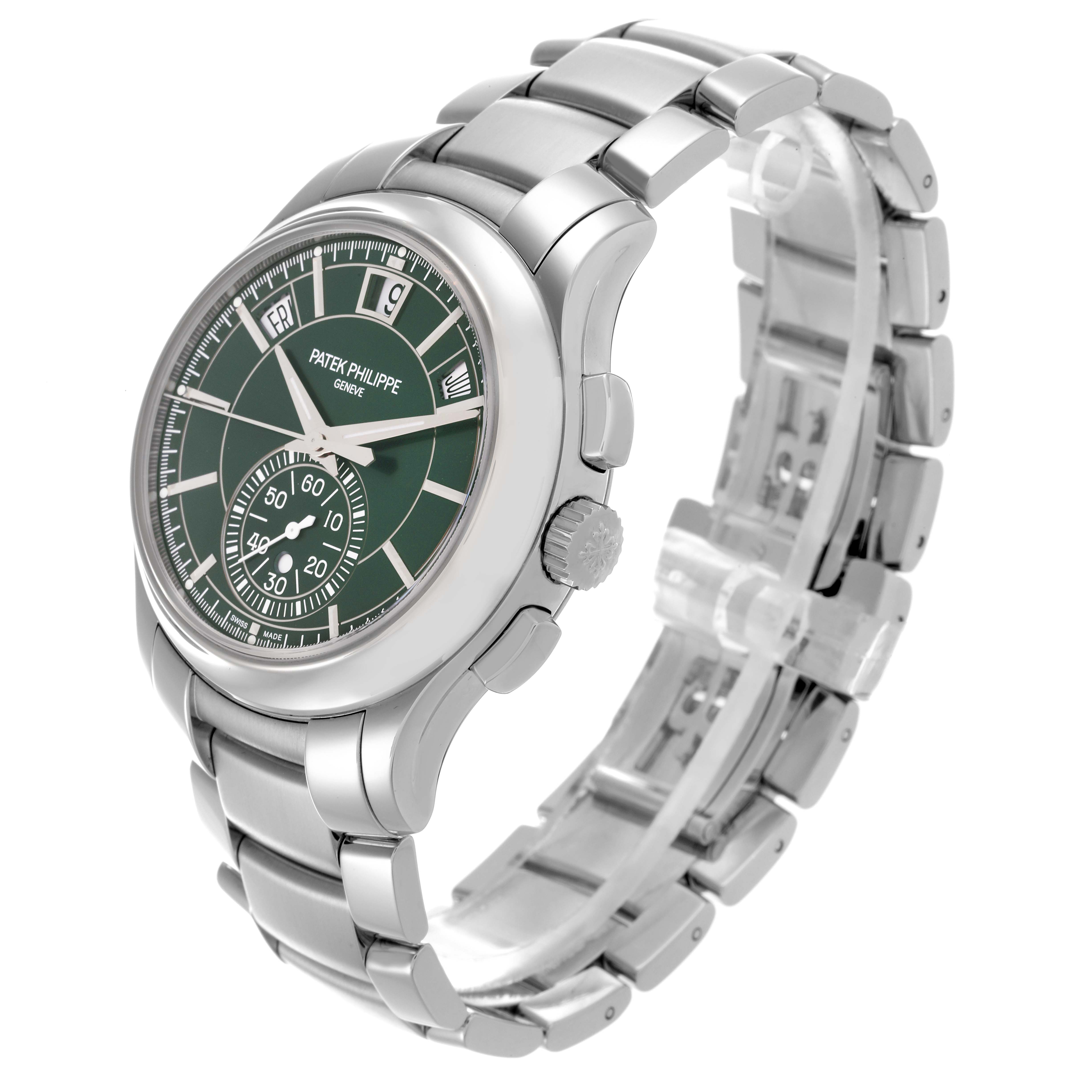The Patek Philippe Complications 5905/1A-001 Men's Stainless Steel Green Dial 5905/1A-001 Men's Stainless Steel Green Dial watch is shown at a three-quarter angle, highlighting the face, bracelet, and crown.