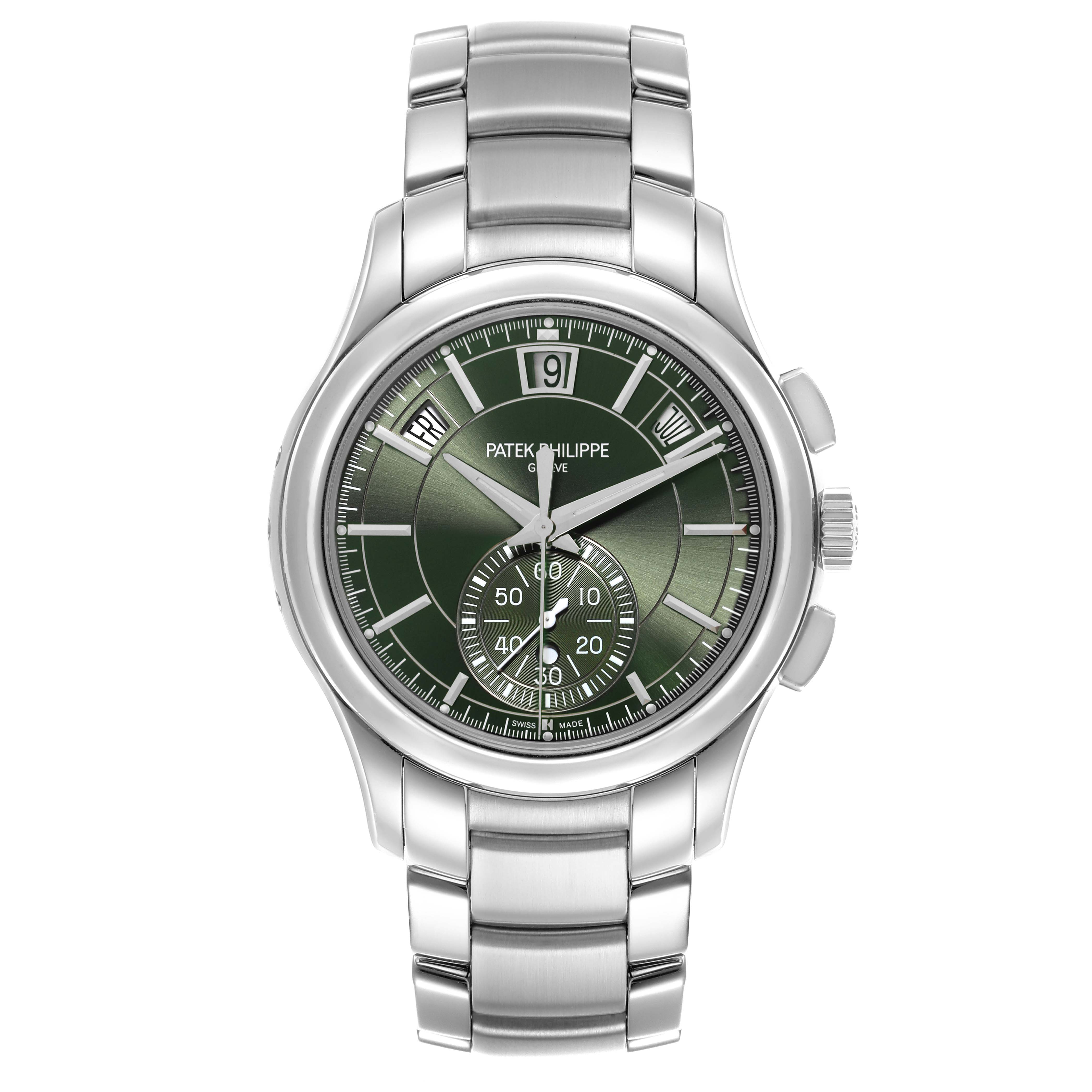 The Patek Philippe Complications 5905/1A-001 Men's Stainless Steel Green Dial 5905/1A-001 Men's Stainless Steel Green Dial watch is shown from a straight-on angle, displaying its green dial, bracelet, and chronograph features.