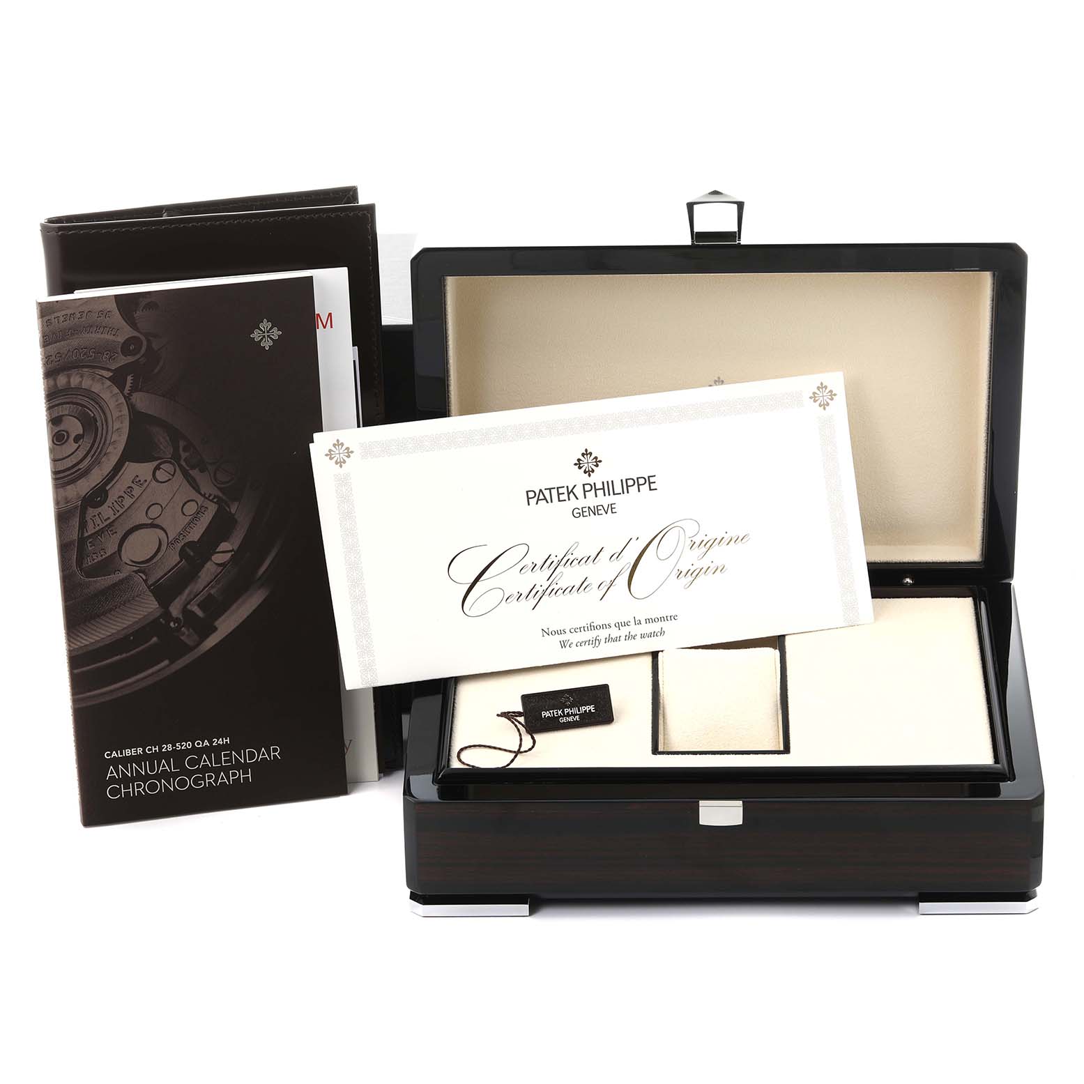 The Patek Philippe Complications 5905/1A-001 Men's Stainless Steel Green Dial 5905/1A-001 Men's Stainless Steel Green Dial watch is shown with its box, certificate, and manuals, photographed from the front.