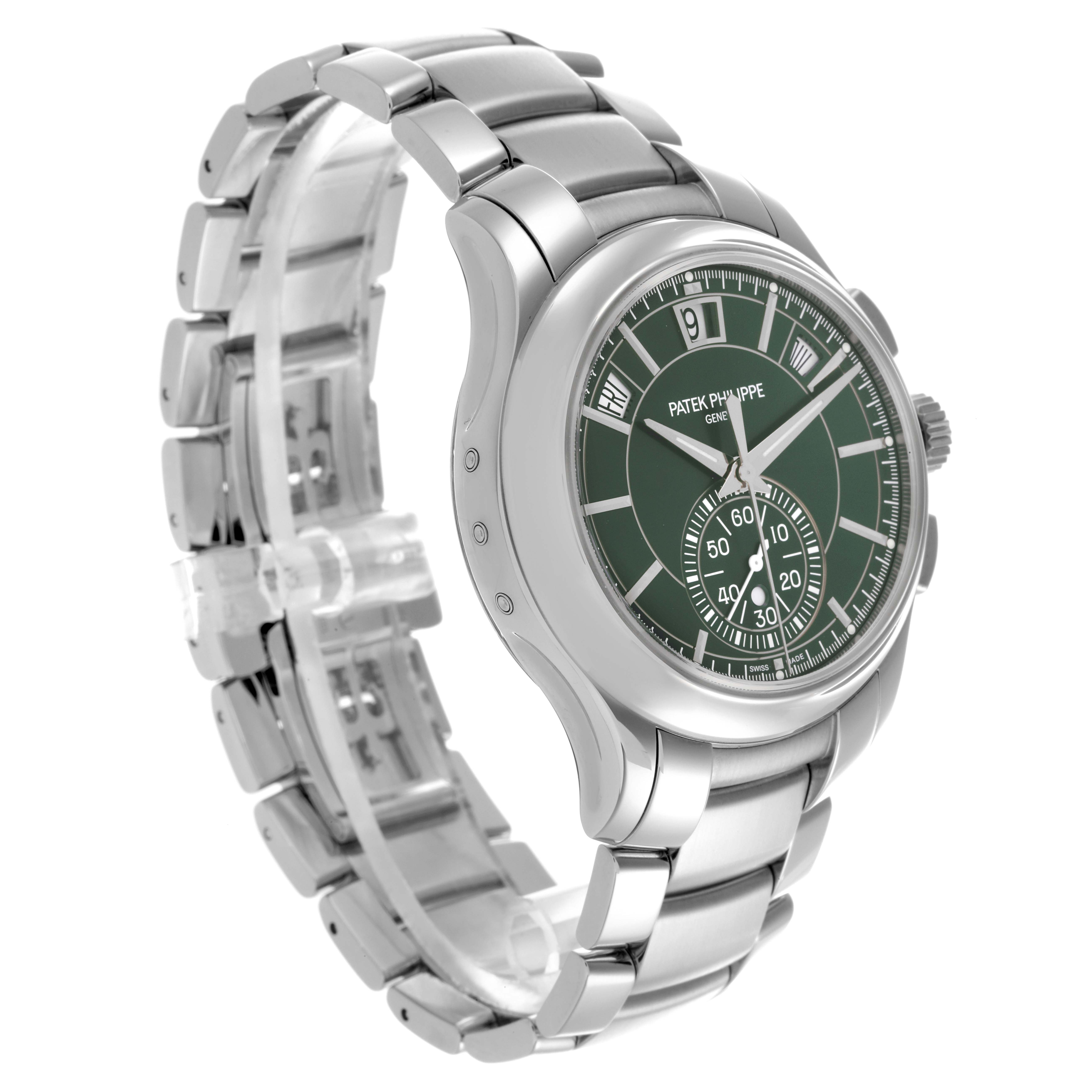 The Patek Philippe Complications 5905/1A-001 Men's Stainless Steel Green Dial 5905/1A-001 Men's Stainless Steel Green Dial watch is shown at a side angle, displaying the face, case, and bracelet.