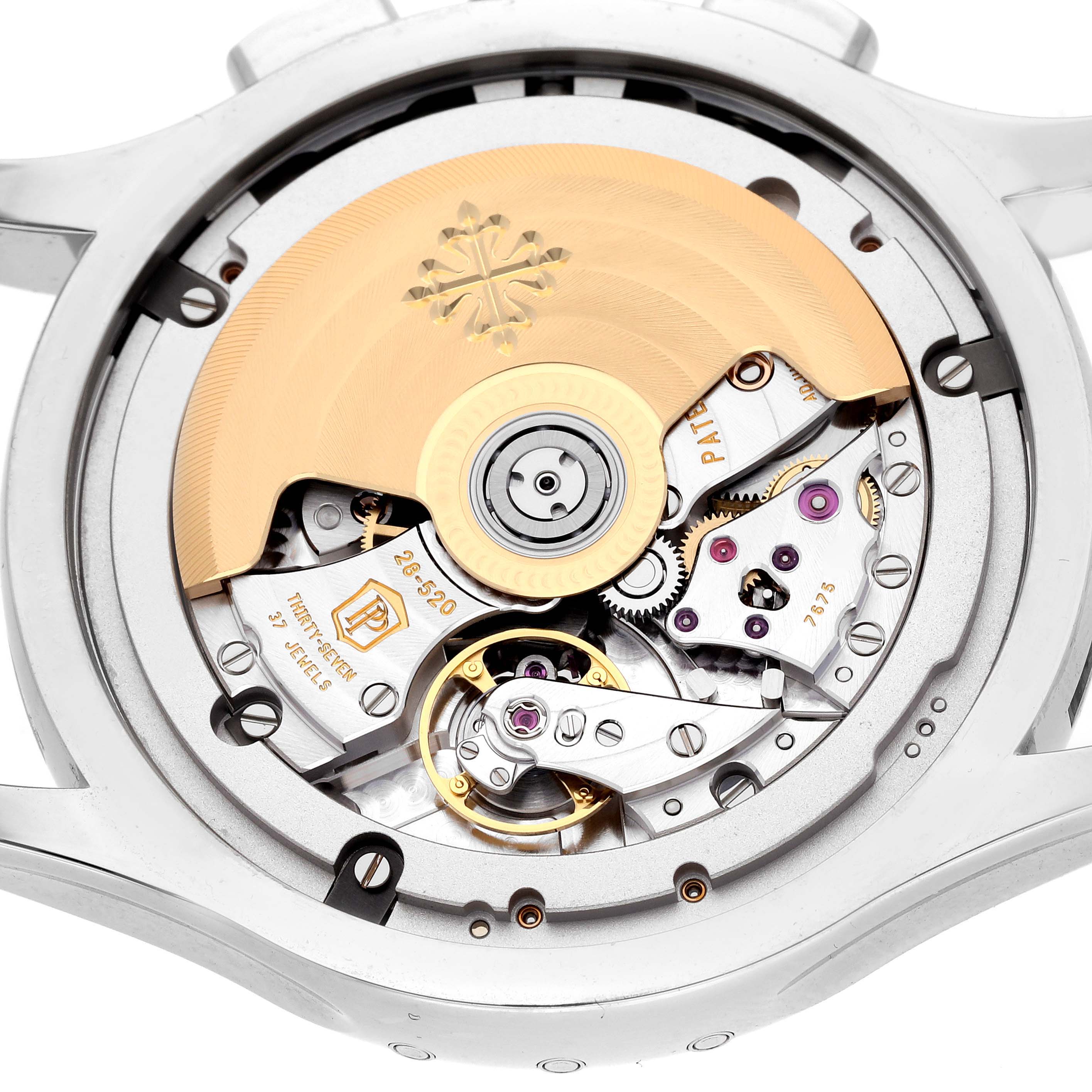 The image shows the back view of the Patek Philippe Complications 5905/1A-001 Men's Stainless Steel Green Dial 5905/1A-001 Men's Stainless Steel Green Dial watch, highlighting its intricate movement and rotor.