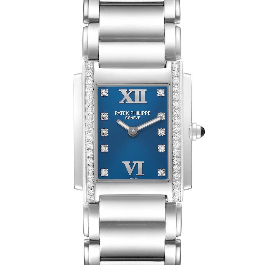 This image shows a front view of the Patek Philippe Twenty-4 4910/10A Women's Stainless Steel Blue Dial watch, highlighting its blue dial, Roman numerals, and diamond accents.