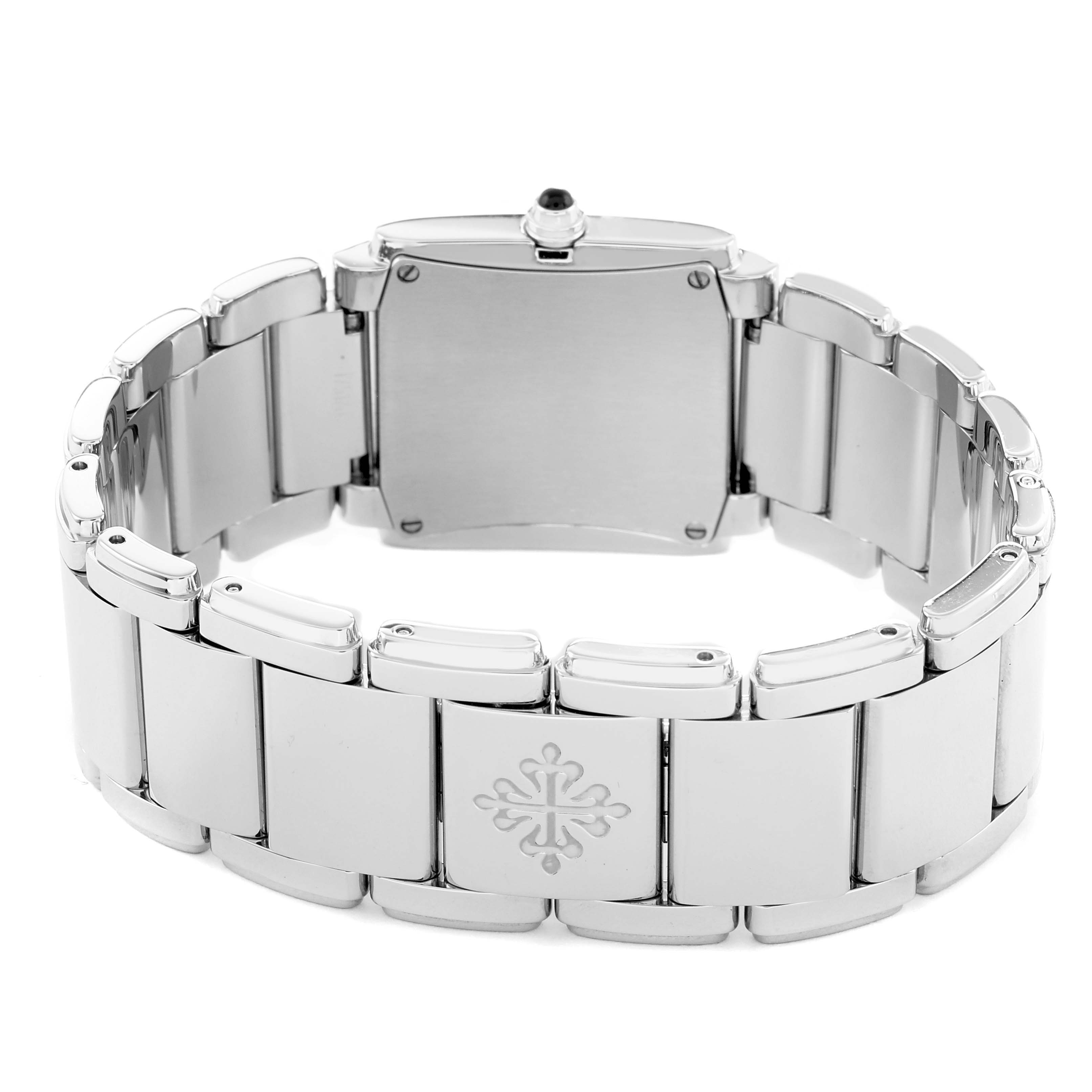 The image shows the back view of a Patek Philippe Twenty-4 4910/10A Women's Stainless Steel Blue Dial model watch, highlighting the bracelet and clasp.