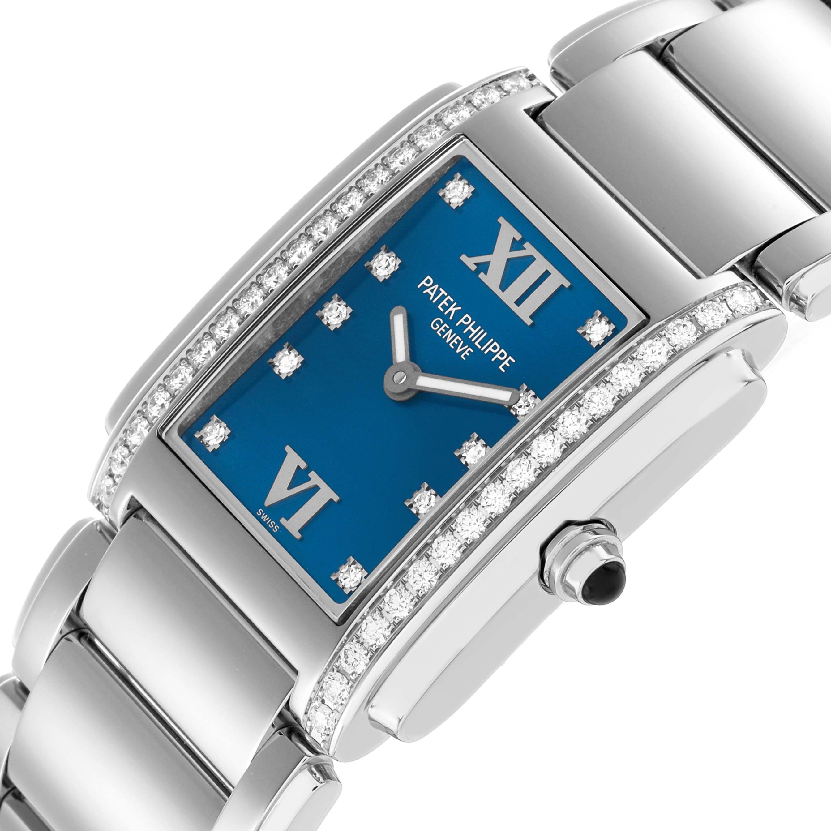 The Patek Philippe Twenty-4 4910/10A Women's Stainless Steel Blue Dial watch is shown at an angled close-up, highlighting the blue dial, diamond-set bezel, and bracelet.