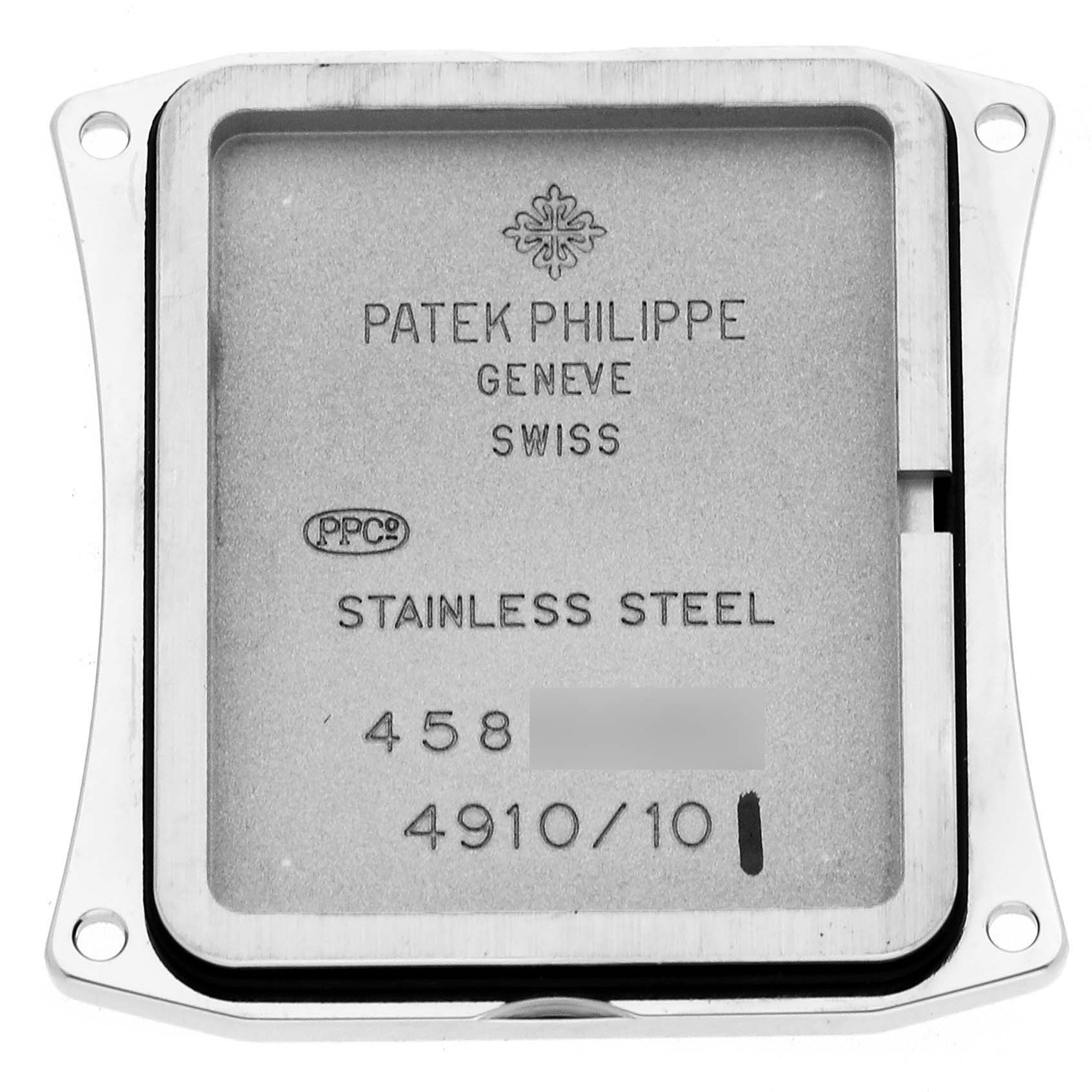 The image shows the back case of a Patek Philippe Twenty-4 4910/10A Women's Stainless Steel Blue Dial watch, highlighting its stainless steel material.