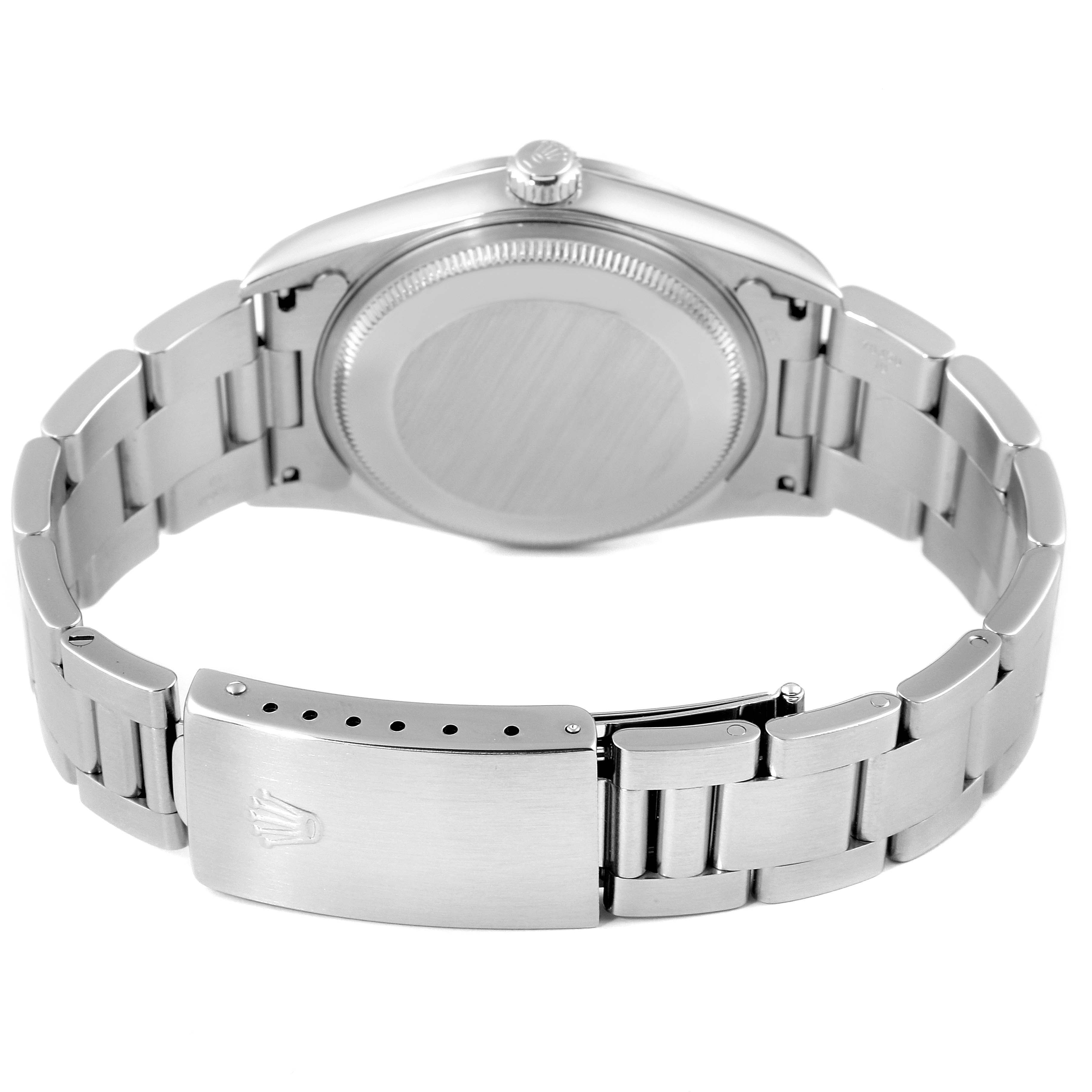 The image shows the back view of a Rolex Air-King 14000 Men's Stainless Steel Blue Dial 14000 Men's Stainless Steel Blue Dial watch, focusing on the case back and the bracelet with its clasp.