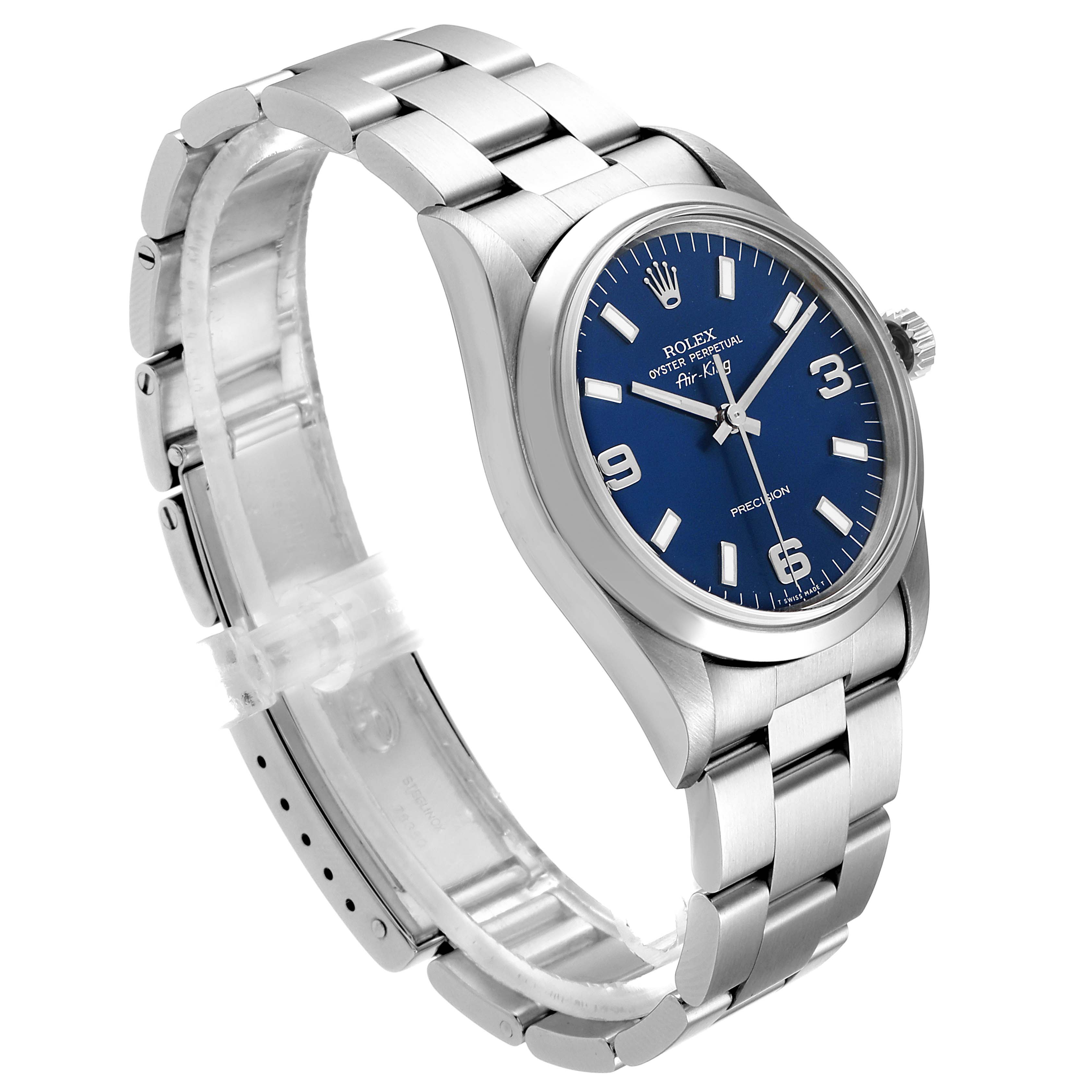 The image shows a side angle of the Rolex Air-King 14000 Men's Stainless Steel Blue Dial 14000 Men's Stainless Steel Blue Dial watch, highlighting its blue dial, stainless steel bracelet, and clasp.
