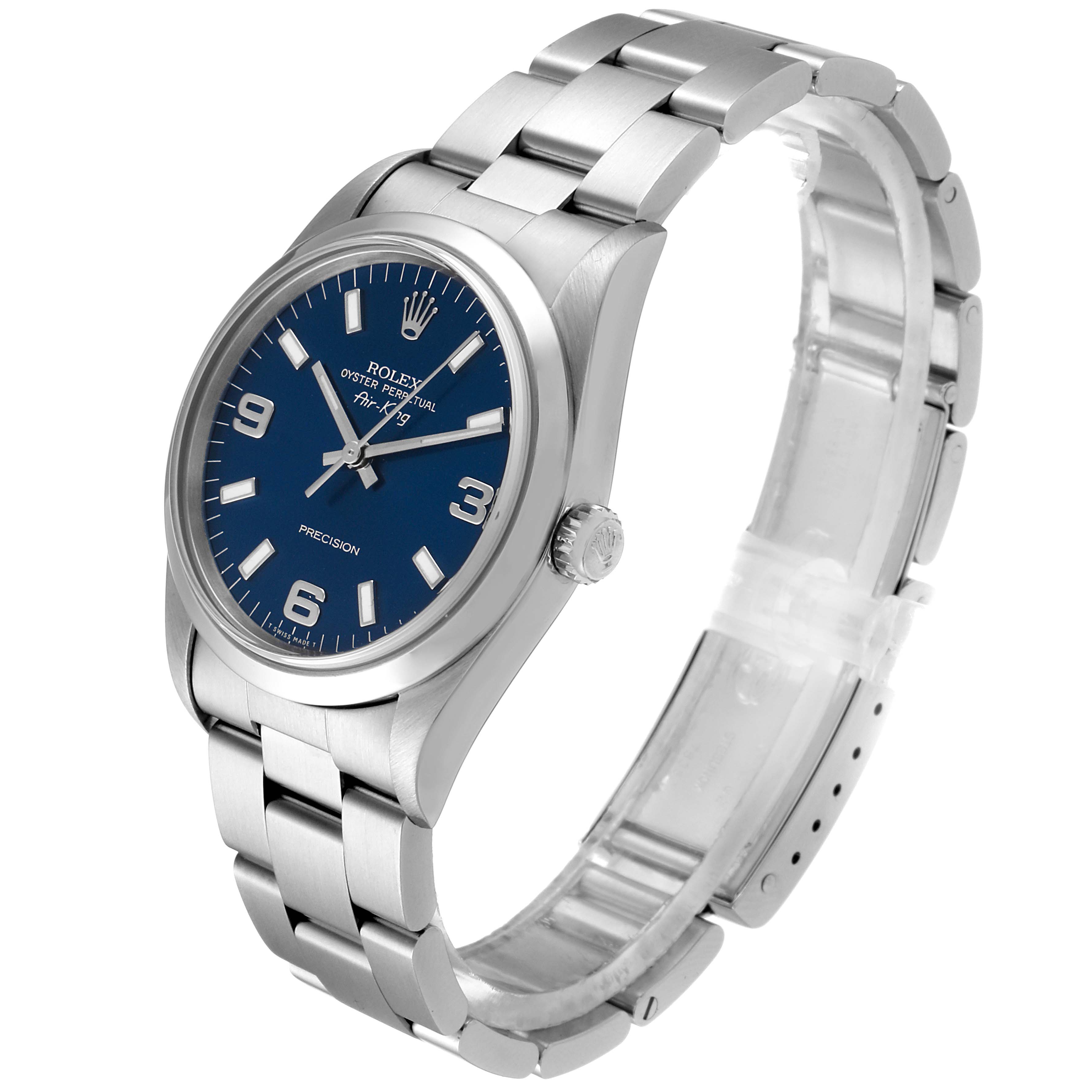 The image shows a Rolex Air-King 14000 Men's Stainless Steel Blue Dial 14000 Men's Stainless Steel Blue Dial watch at a three-quarter angle showcasing the dial, bezel, crown, and bracelet.