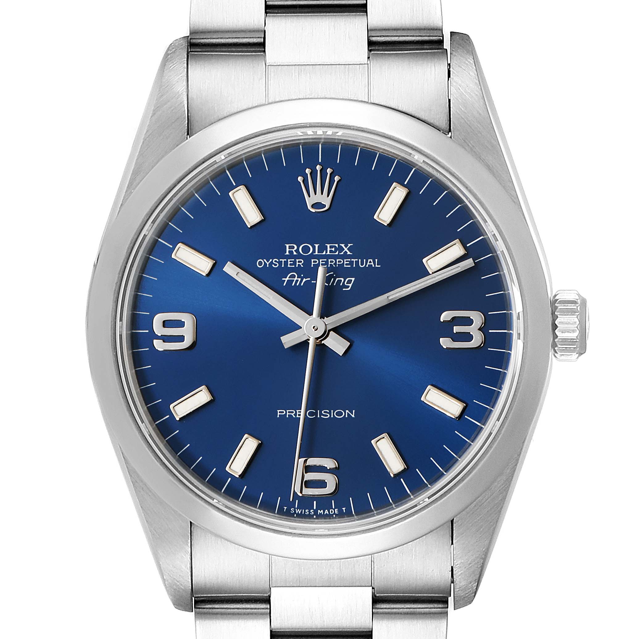 The image shows a close-up front view of the Rolex Air-King 14000 Men's Stainless Steel Blue Dial 14000 Men's Stainless Steel Blue Dial watch, highlighting its blue dial, silver hour markers, and stainless steel bracelet.