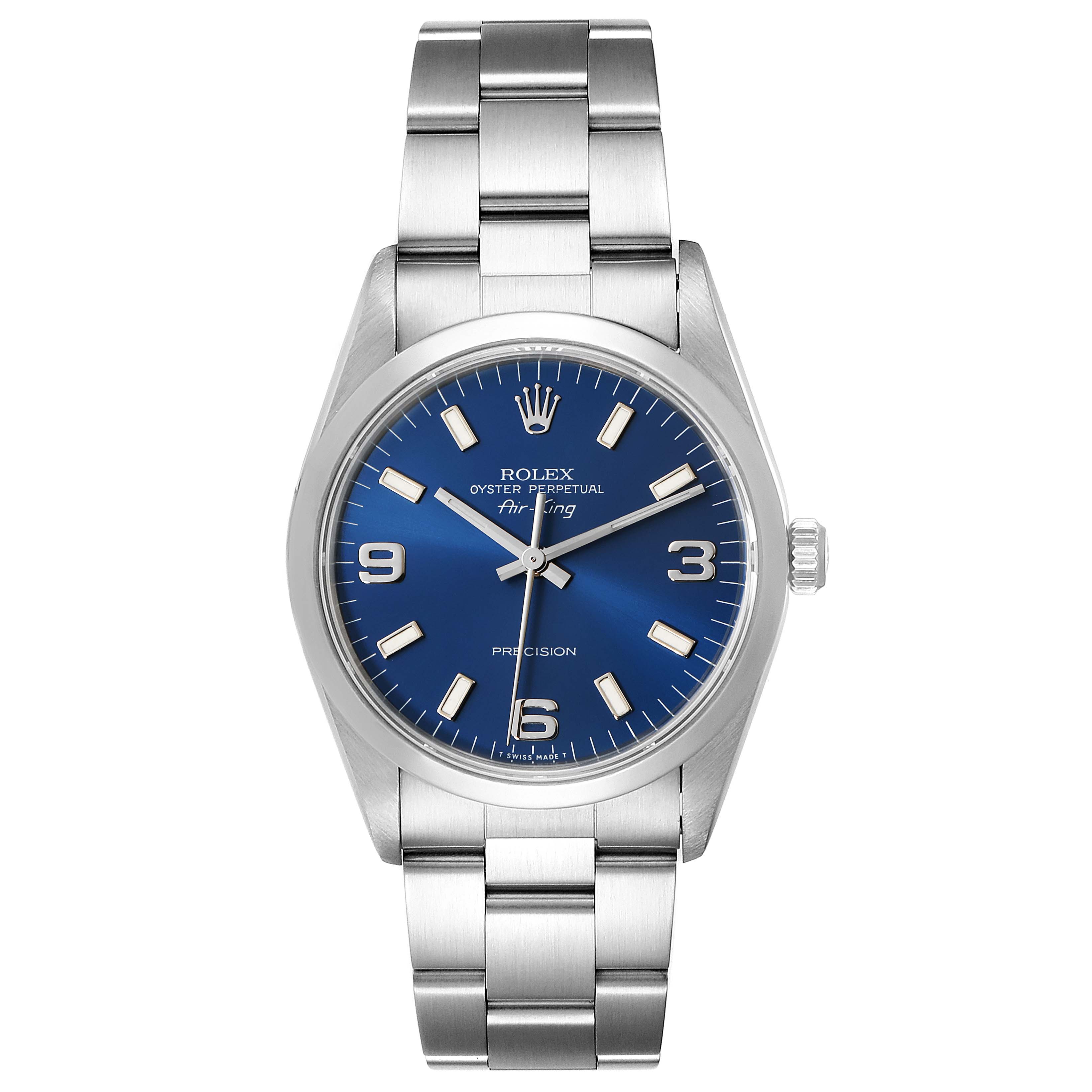The Rolex Air-King 14000 Men's Stainless Steel Blue Dial 14000 Men's Stainless Steel Blue Dial watch is shown from a front angle, displaying the dial, hour markers, hands, case, and bracelet.