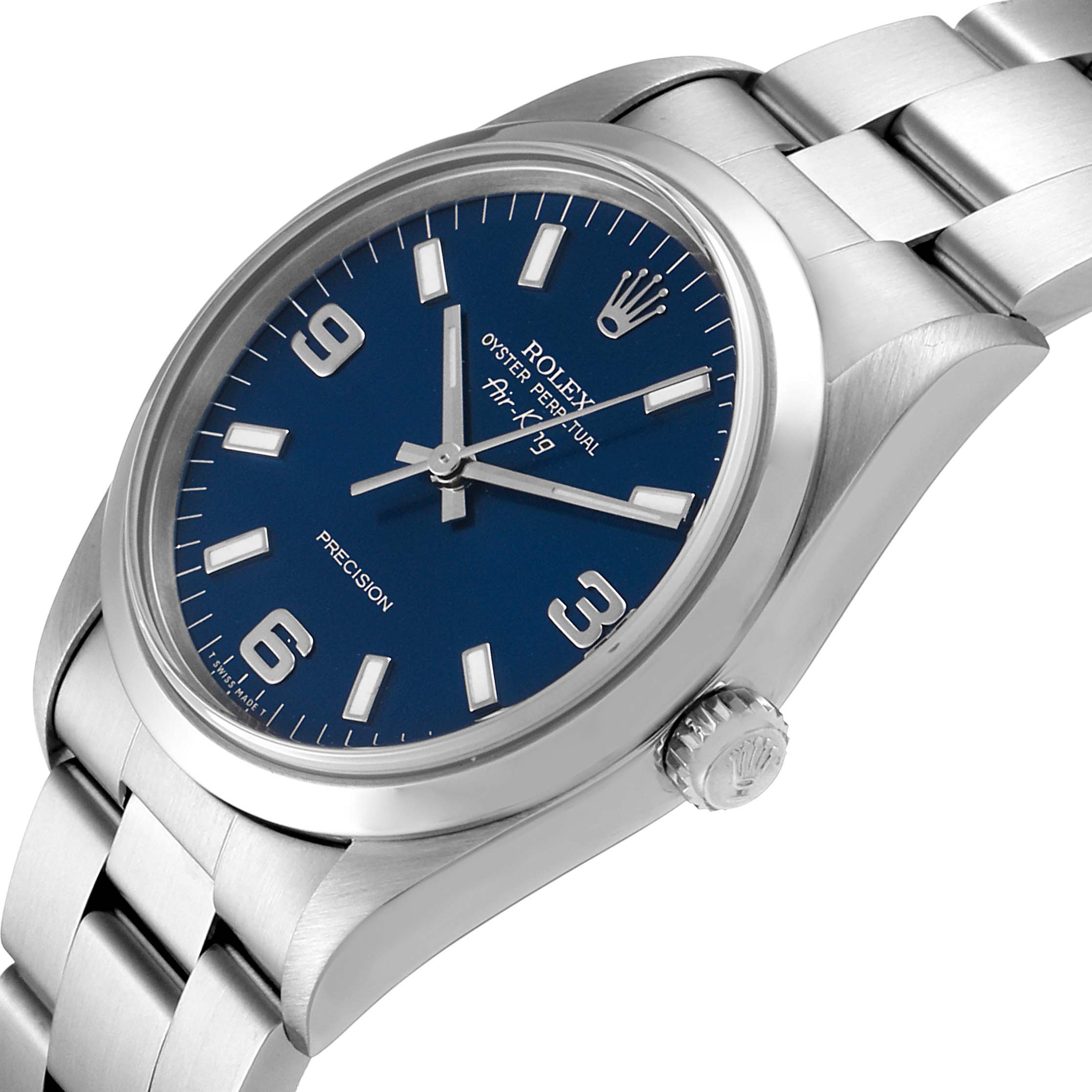 The image shows a close-up angle of the Rolex Air-King 14000 Men's Stainless Steel Blue Dial 14000 Men's Stainless Steel Blue Dial watch, focusing on its face, crown, and bracelet.