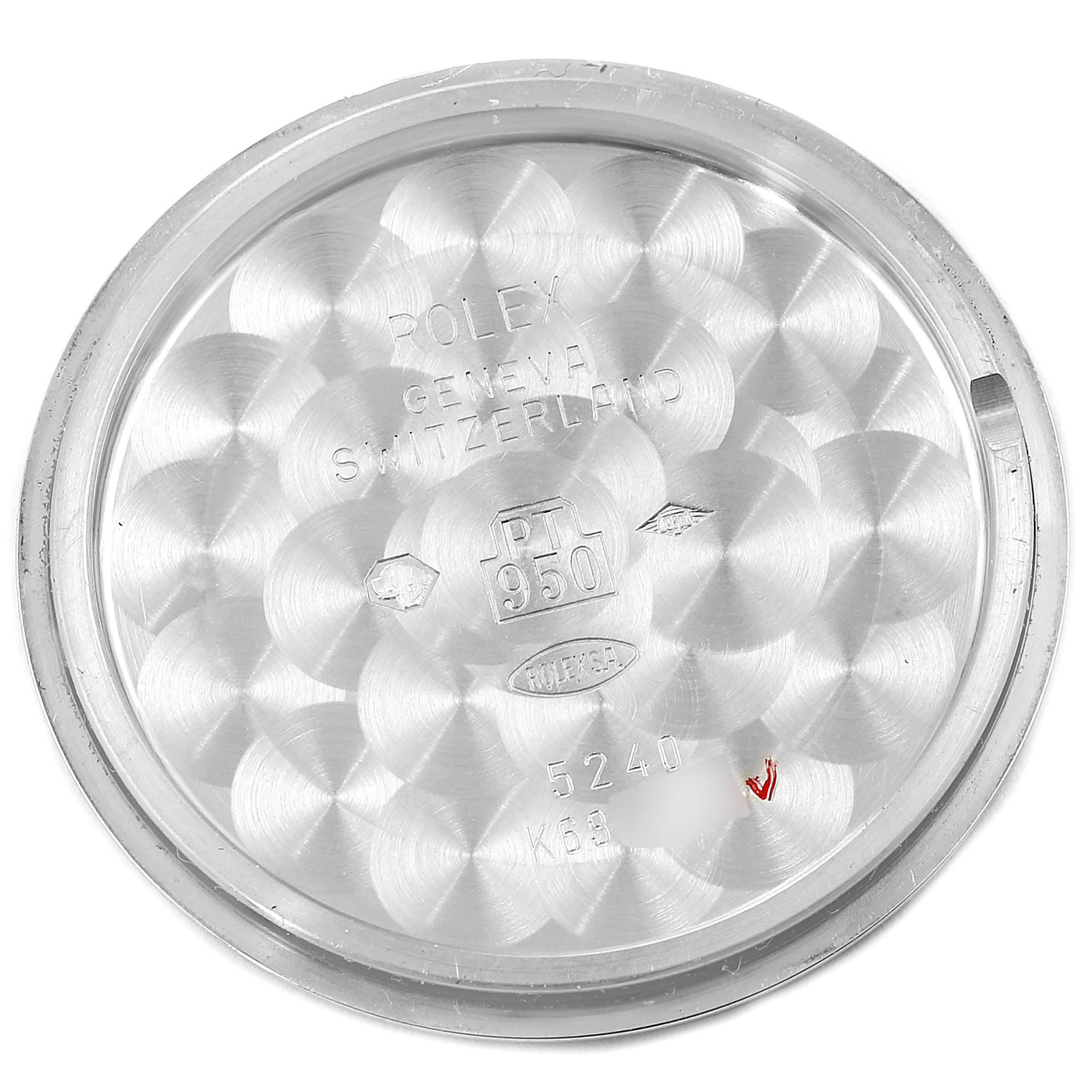 This image shows the inside case back of a Rolex Cellini 5240 Men
s Platinum Mother of Pearl Dial 5240 Men
s Platinum Mother of Pearl Dial model watch.