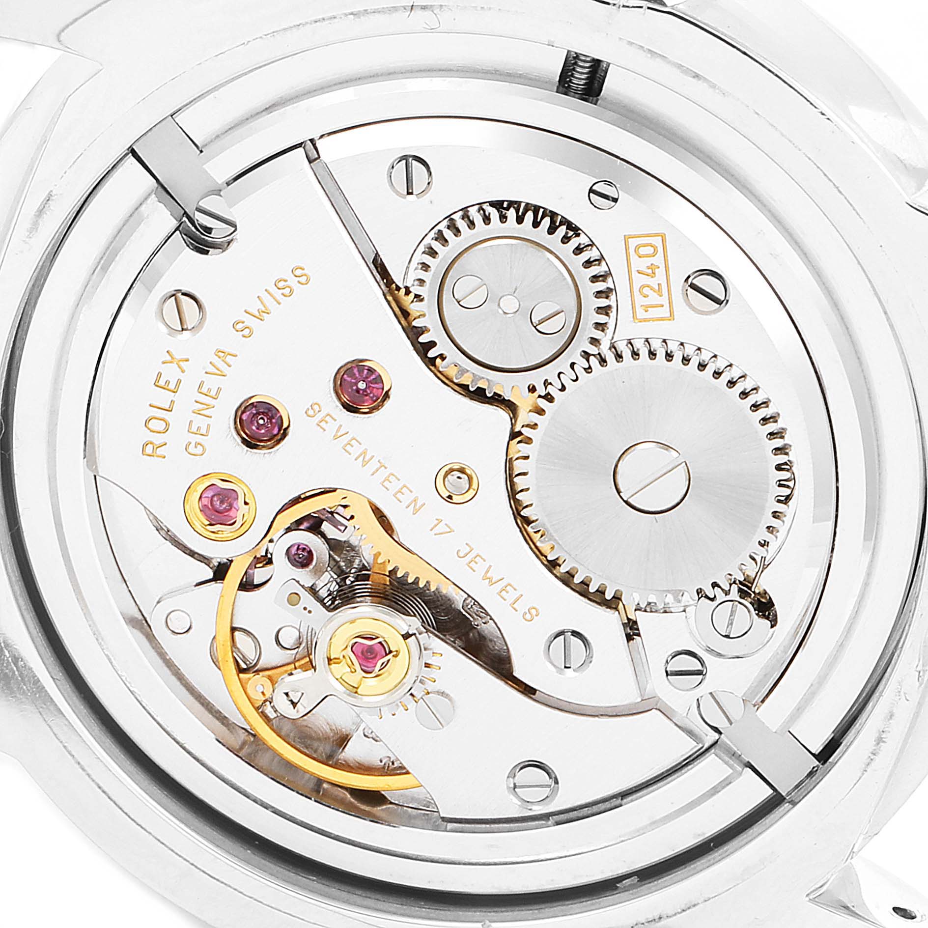 This image shows the internal mechanical movement of a Rolex Cellini 5240 Men
s Platinum Mother of Pearl Dial 5240 Men
s Platinum Mother of Pearl Dial watch from a top-down view.