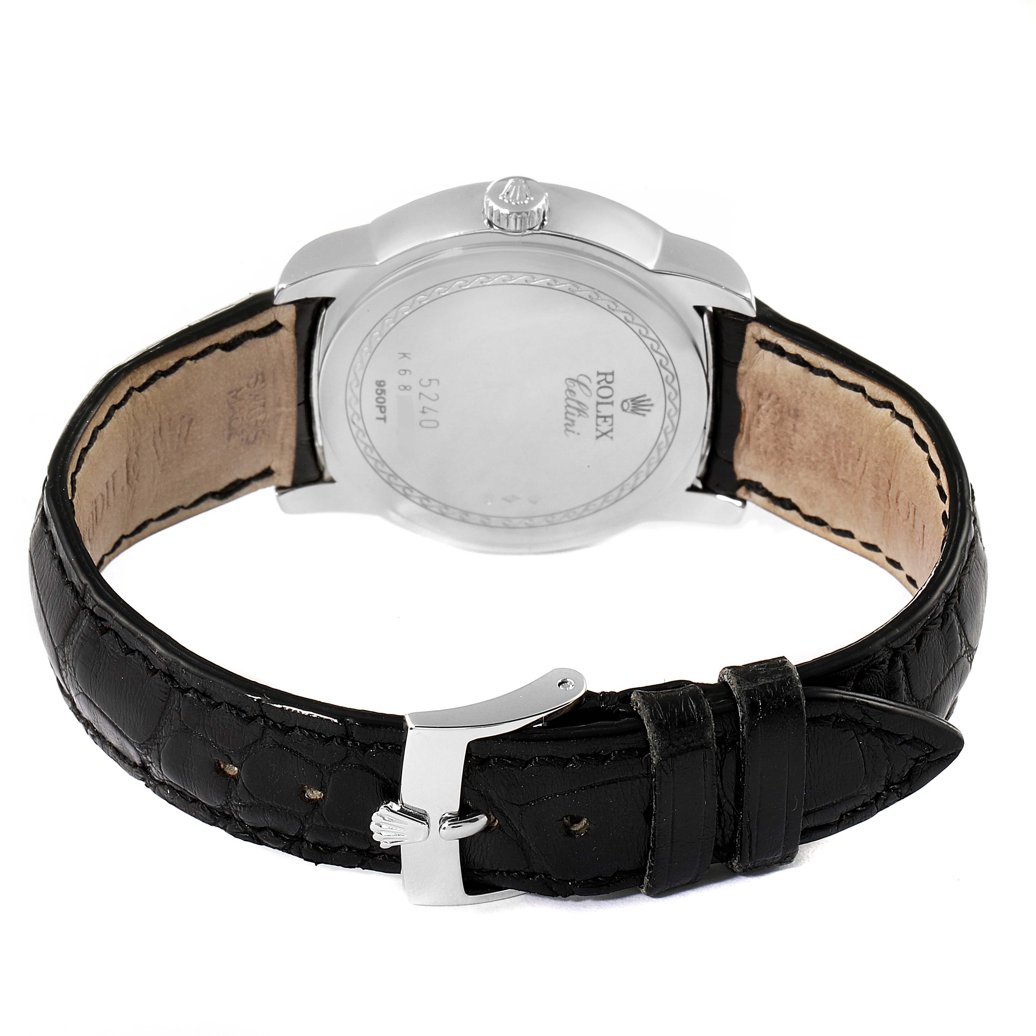 The image shows the back and the strap of a Rolex Cellini 5240 Men
s Platinum Mother of Pearl Dial 5240 Men
s Platinum Mother of Pearl Dial watch from a rear angle.