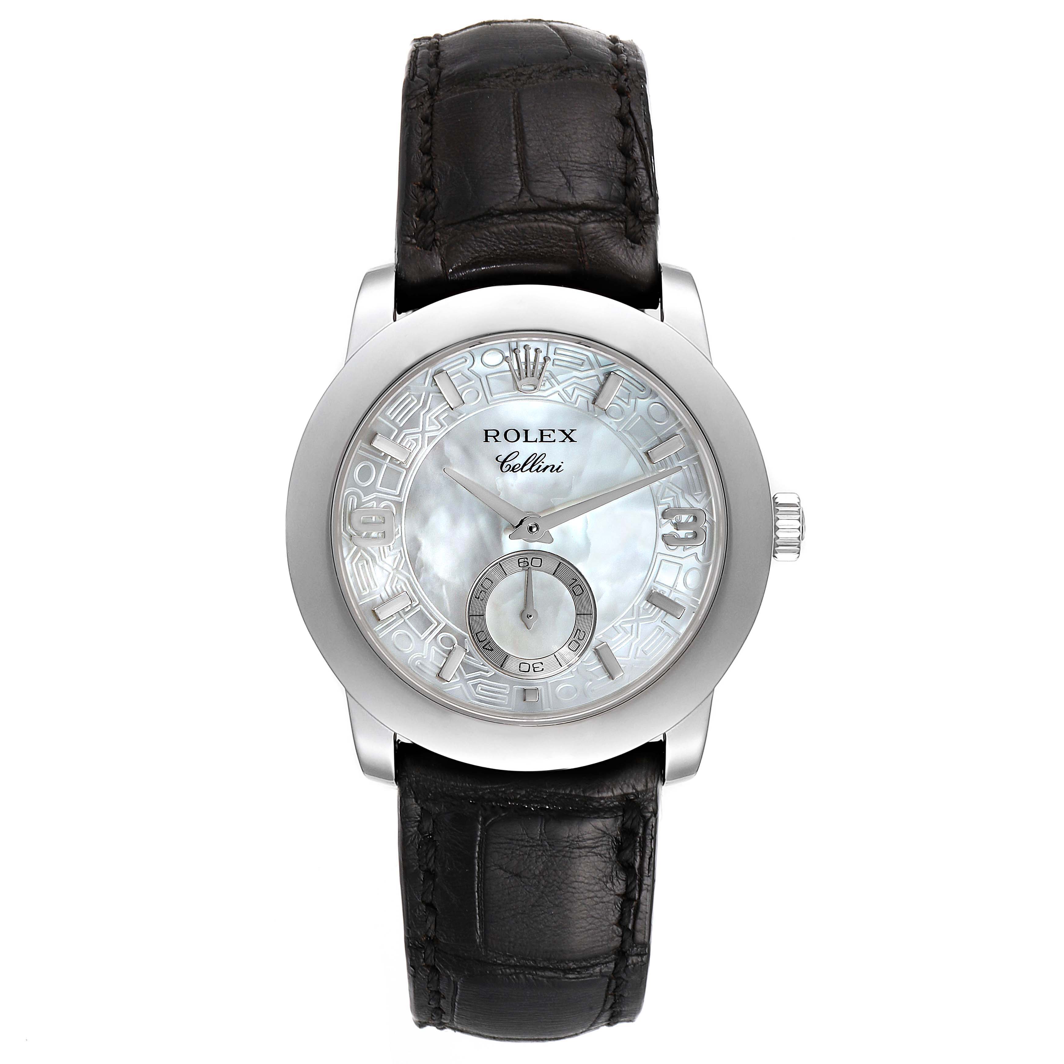 This image shows the front angle of a Rolex Cellini 5240 Men
s Platinum Mother of Pearl Dial 5240 Men
s Platinum Mother of Pearl Dial watch, highlighting the dial, case, and leather strap.