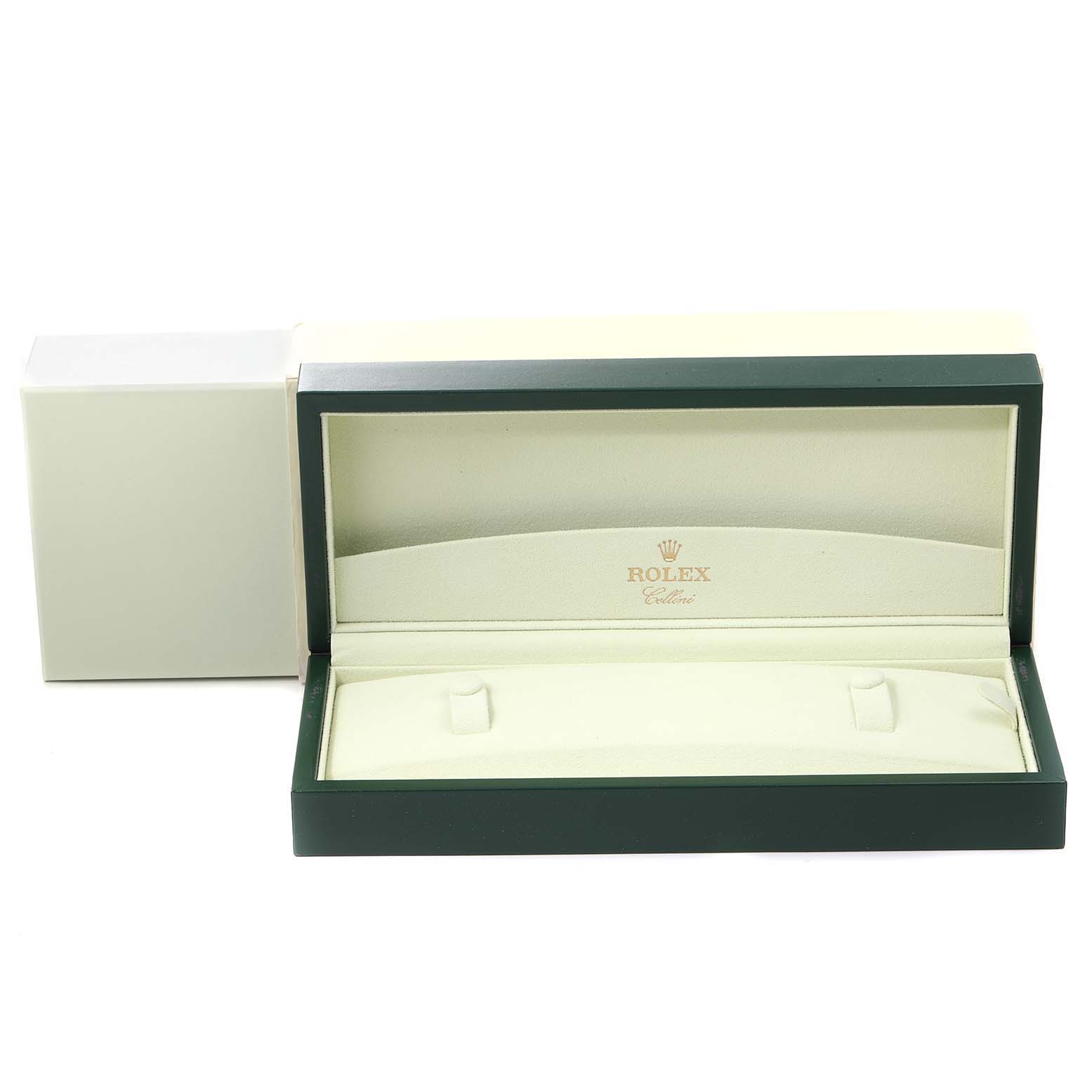 This image shows an open, empty Rolex Cellini 5240 Men
s Platinum Mother of Pearl Dial 5240 Men
s Platinum Mother of Pearl Dial watch box viewed from a front angle.