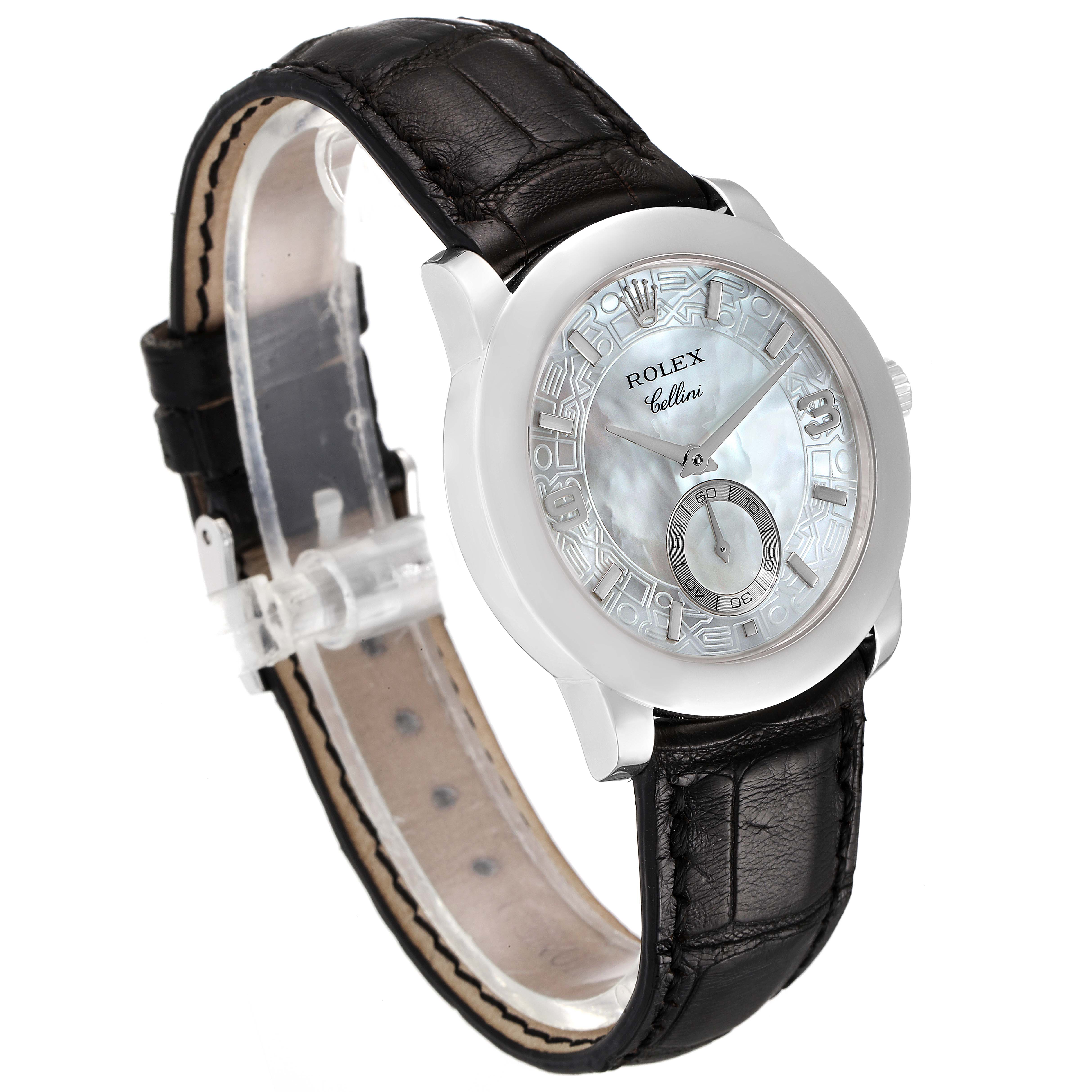 The Rolex Cellini 5240 Men
s Platinum Mother of Pearl Dial 5240 Men
s Platinum Mother of Pearl Dial watch is shown at a slight side angle, displaying its face, bezel, and leather strap.