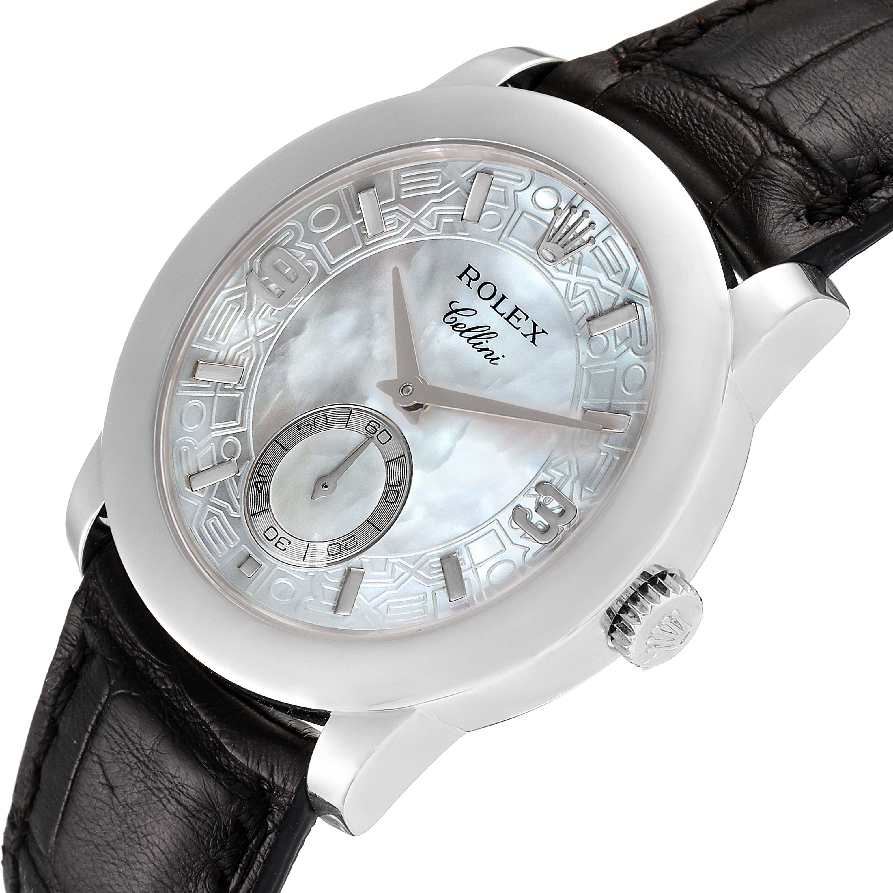 The image shows a front angle of a Rolex Cellini 5240 Men
s Platinum Mother of Pearl Dial 5240 Men
s Platinum Mother of Pearl Dial watch featuring its face, bezel, crown, and leather strap.