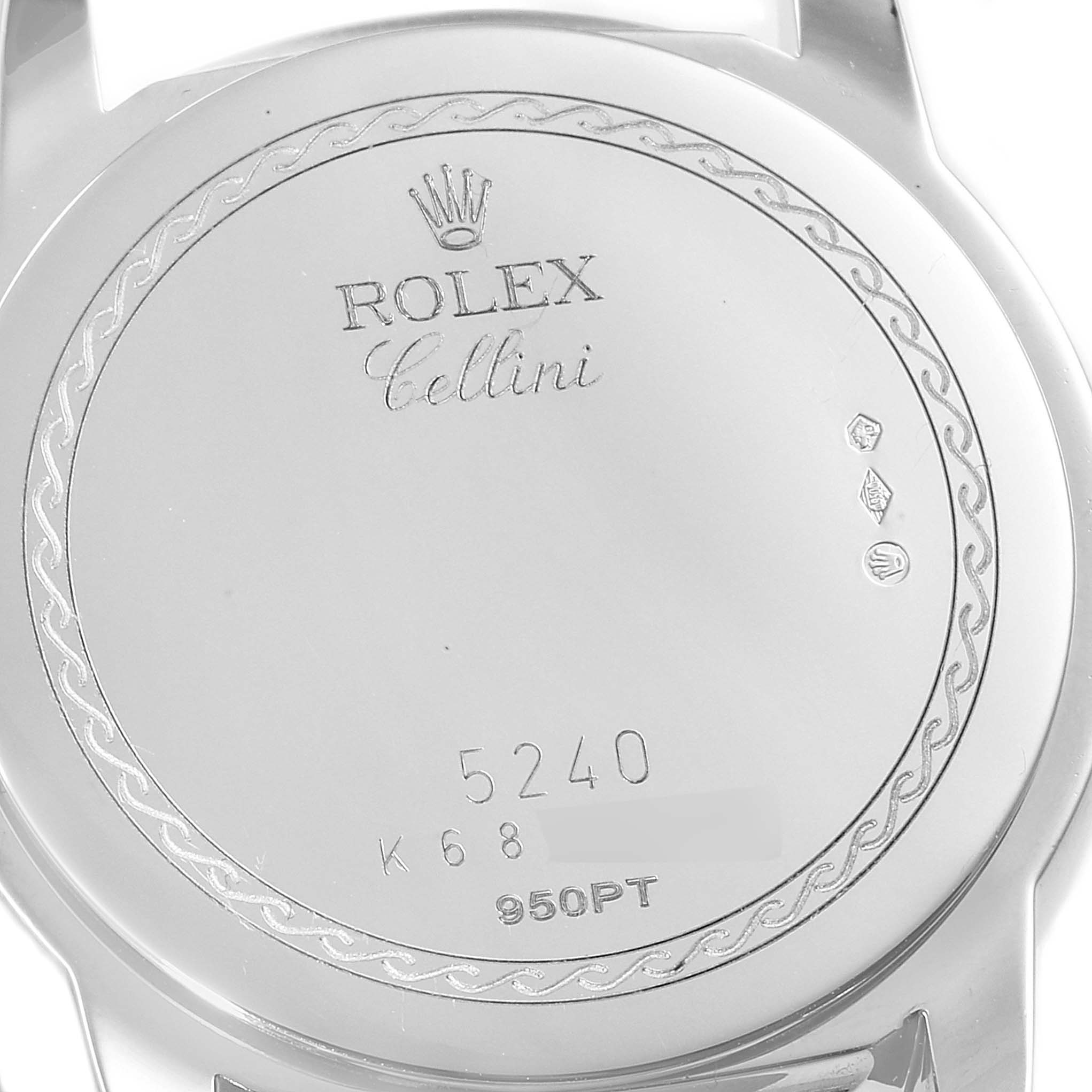 The image shows the back case of a Rolex Cellini 5240 Men
s Platinum Mother of Pearl Dial 5240 Men
s Platinum Mother of Pearl Dial watch, featuring its branding and model information.