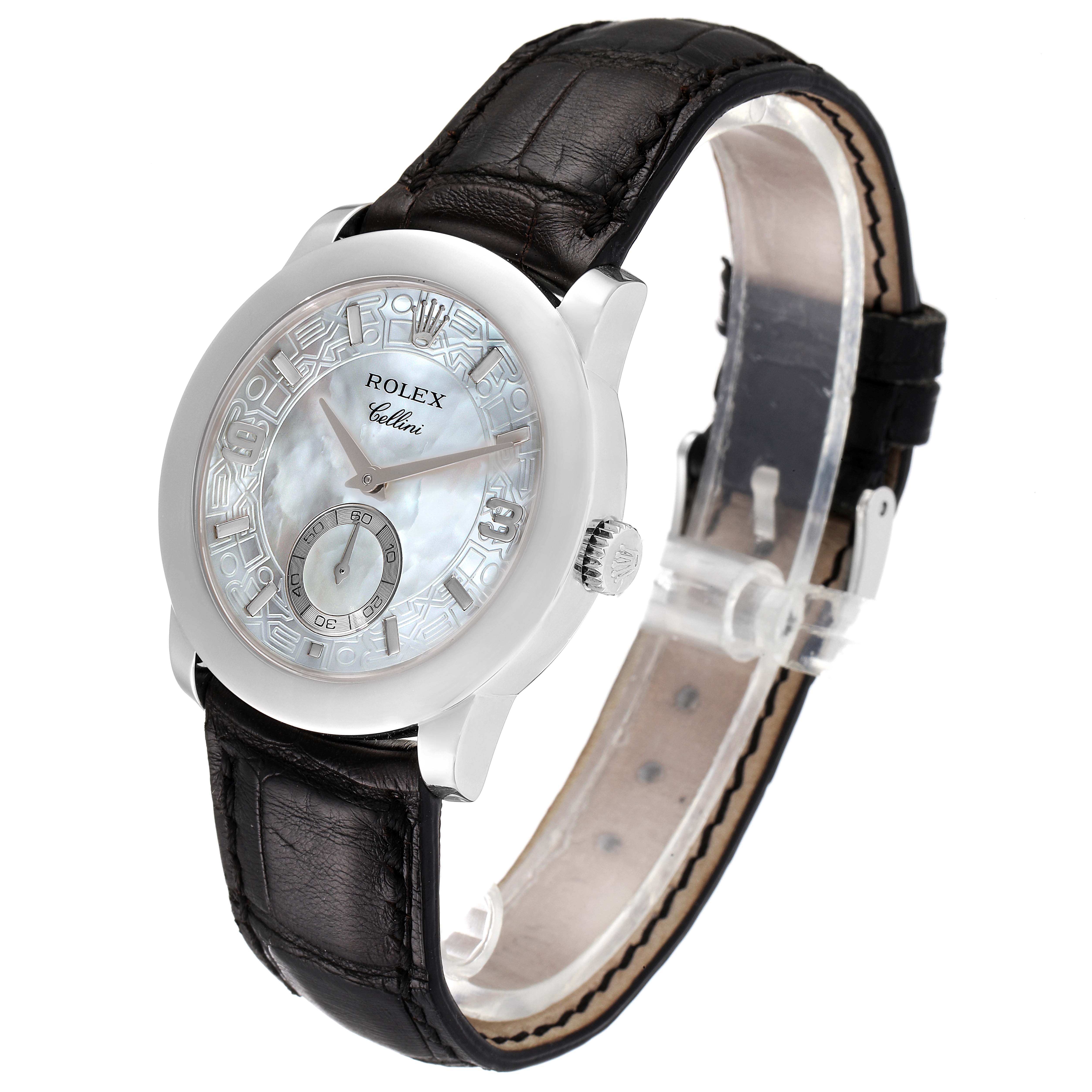 The image shows the Rolex Cellini 5240 Men
s Platinum Mother of Pearl Dial 5240 Men
s Platinum Mother of Pearl Dial watch at a slight side angle, highlighting its face, bezel, crown, and strap.