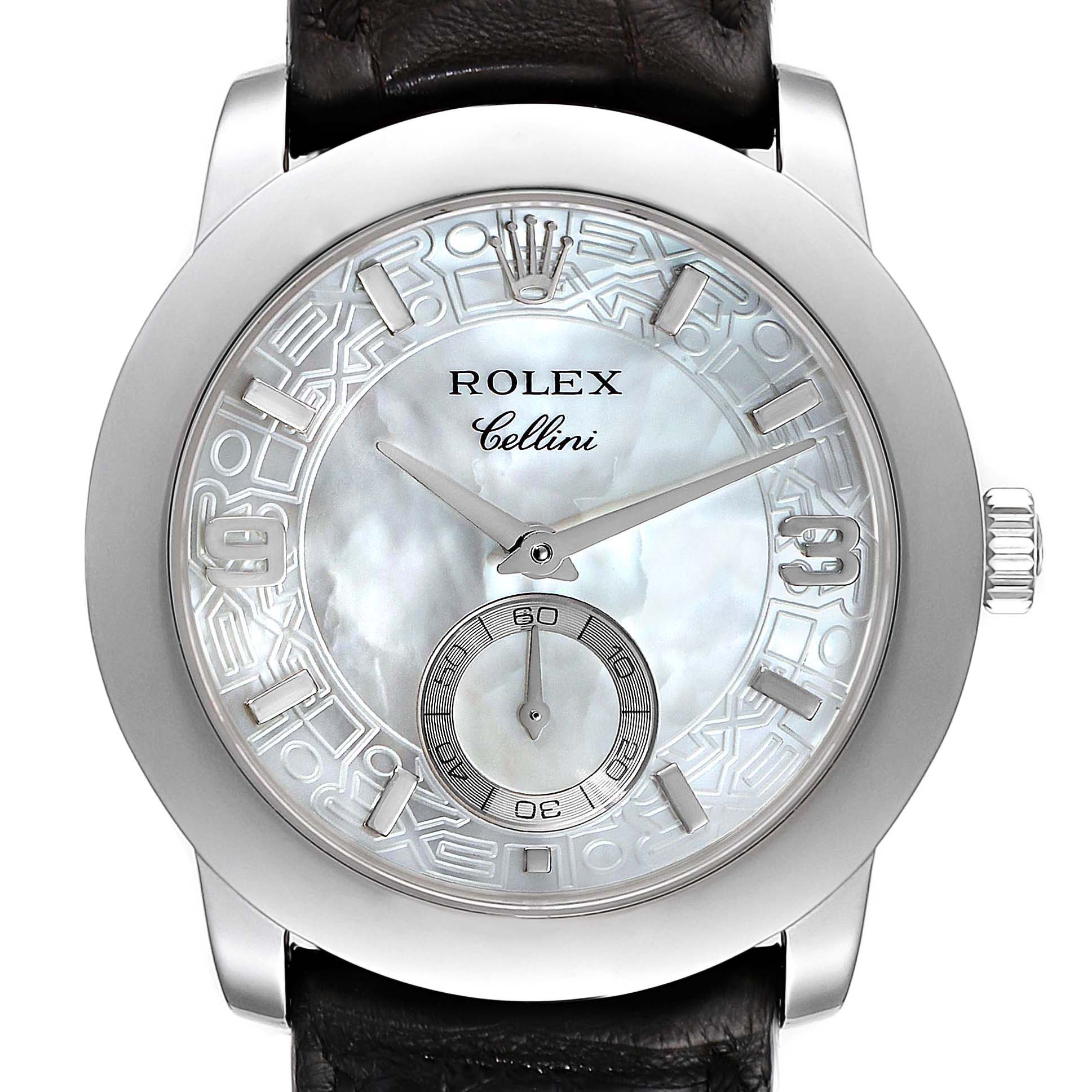 This image shows a front view of a Rolex Cellini 5240 Men
s Platinum Mother of Pearl Dial 5240 Men
s Platinum Mother of Pearl Dial watch, featuring the dial, crown, and part of the leather strap.