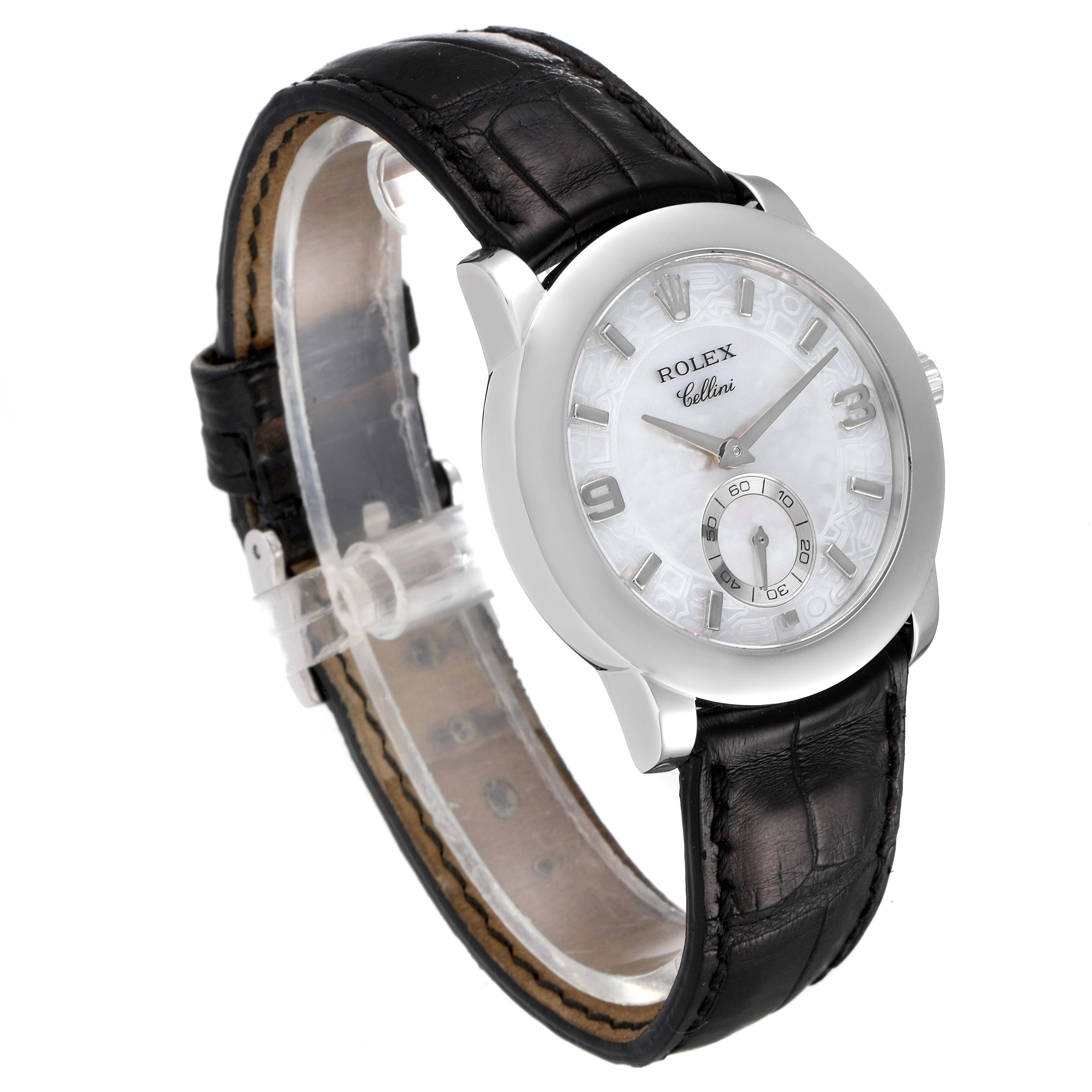 The image shows a Rolex Cellini 5240 Men's Platinum Mother of Pearl Dial 5240 Men's Platinum Mother of Pearl Dial watch featuring a round face, leather strap, and silver-tone casing.